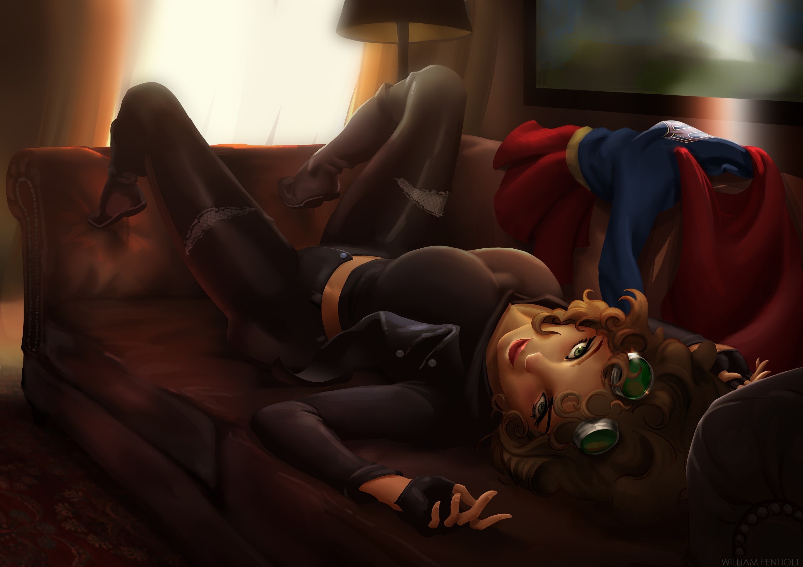 fantasy art, fantasy girl, couch, indoors, artwork, Catwoman, Supergirl, HD Wallpaper