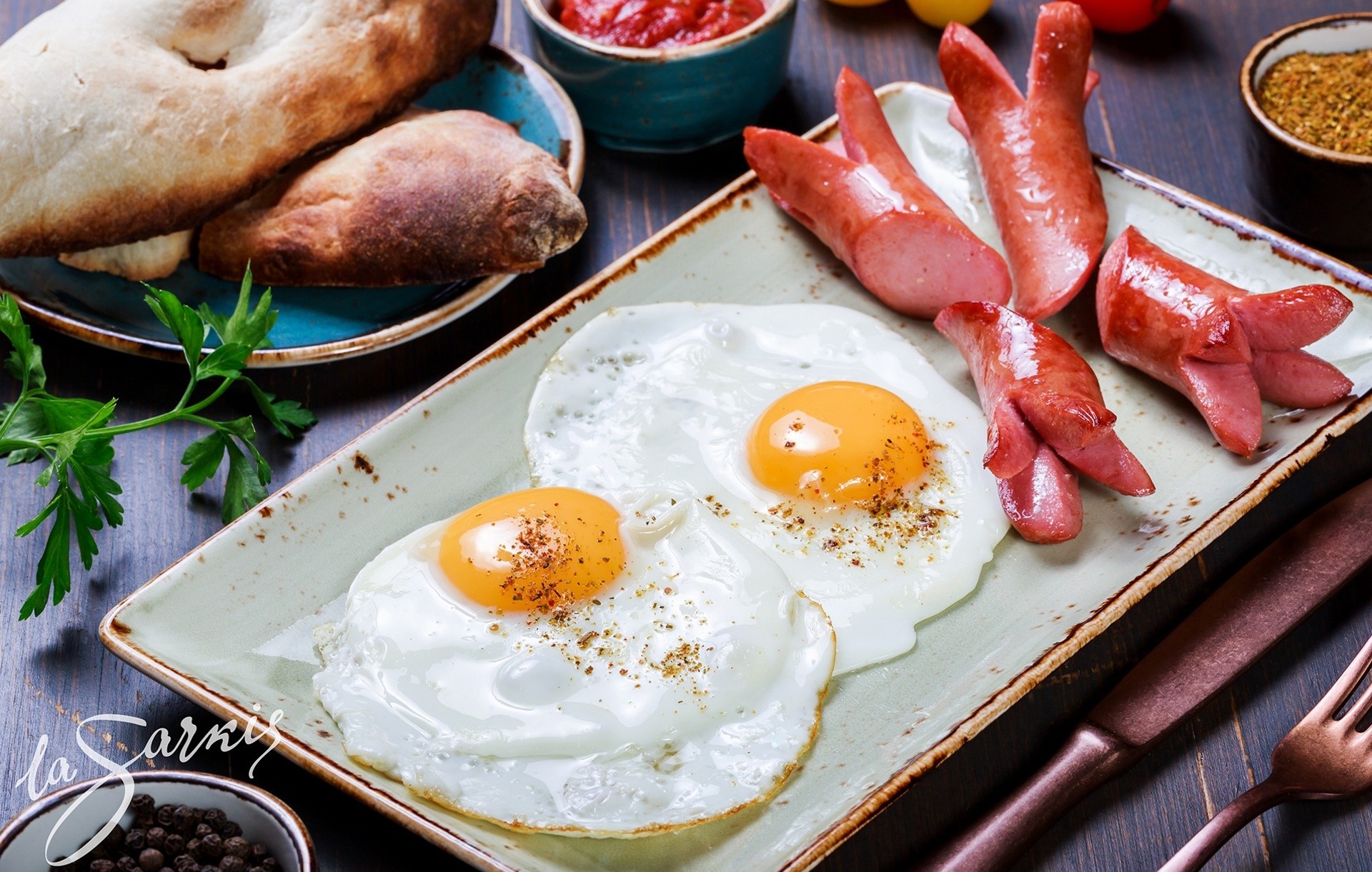 sausage, eggs, food, plates, HD Wallpaper