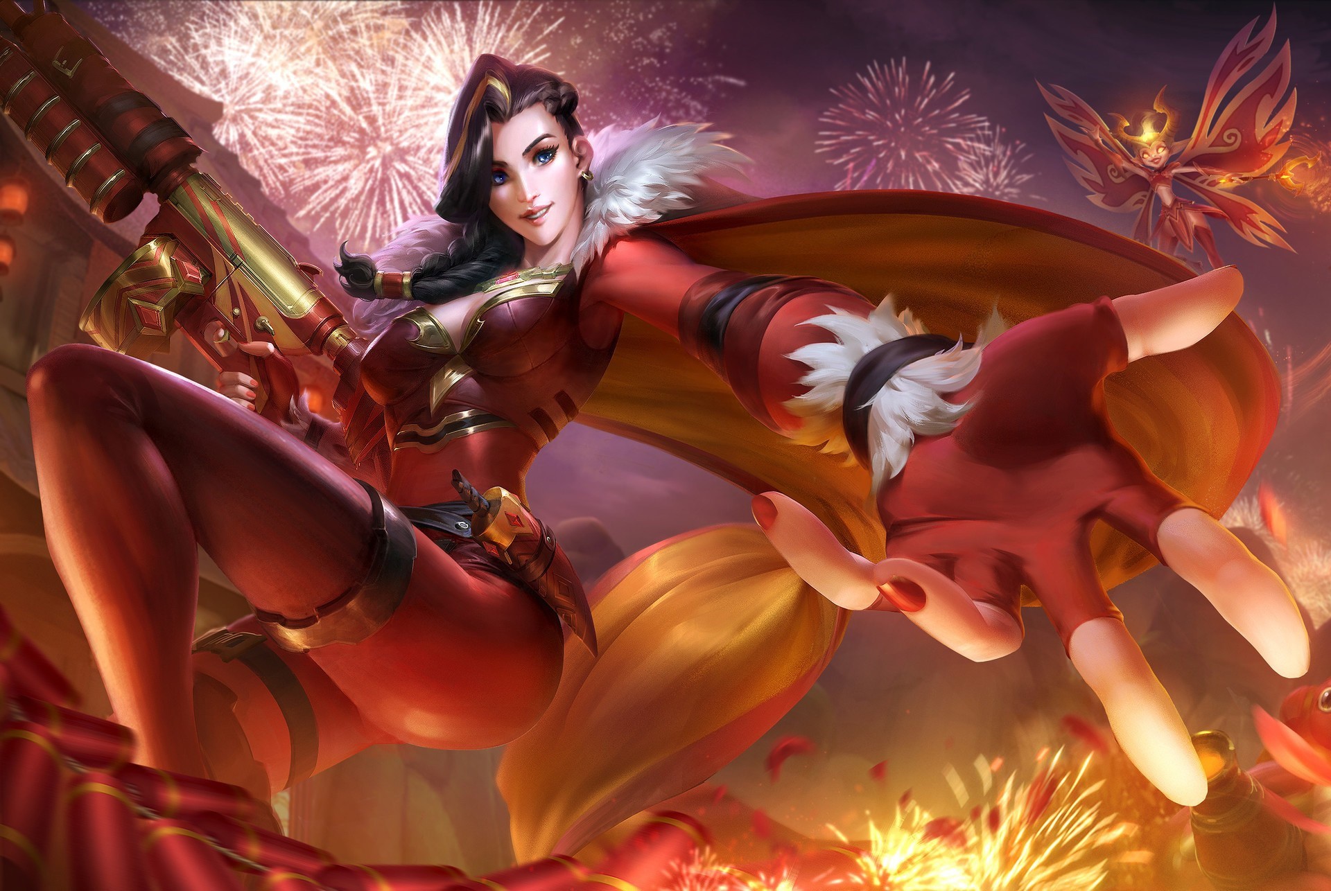 fantasy art, fantasy girl, artwork, legs, painted nails, dark hair, fireworks, Paladins: Champions of the Realm, Tyra (Paladins), HD Wallpaper