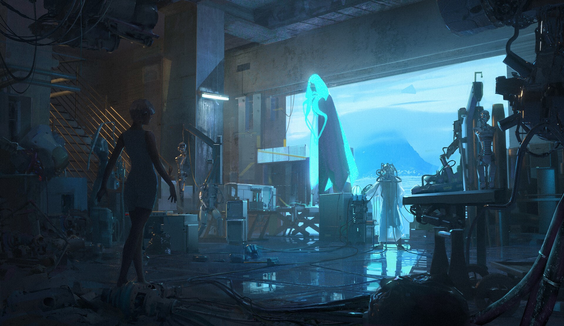 science fiction, glowing, robot, women, mountains, workshop, cyan, HD Wallpaper