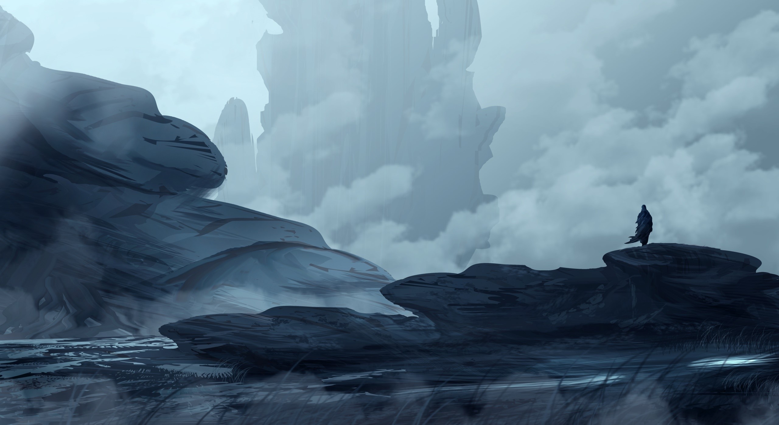landscape, fantasy art, dark, artwork, monochrome, HD Wallpaper