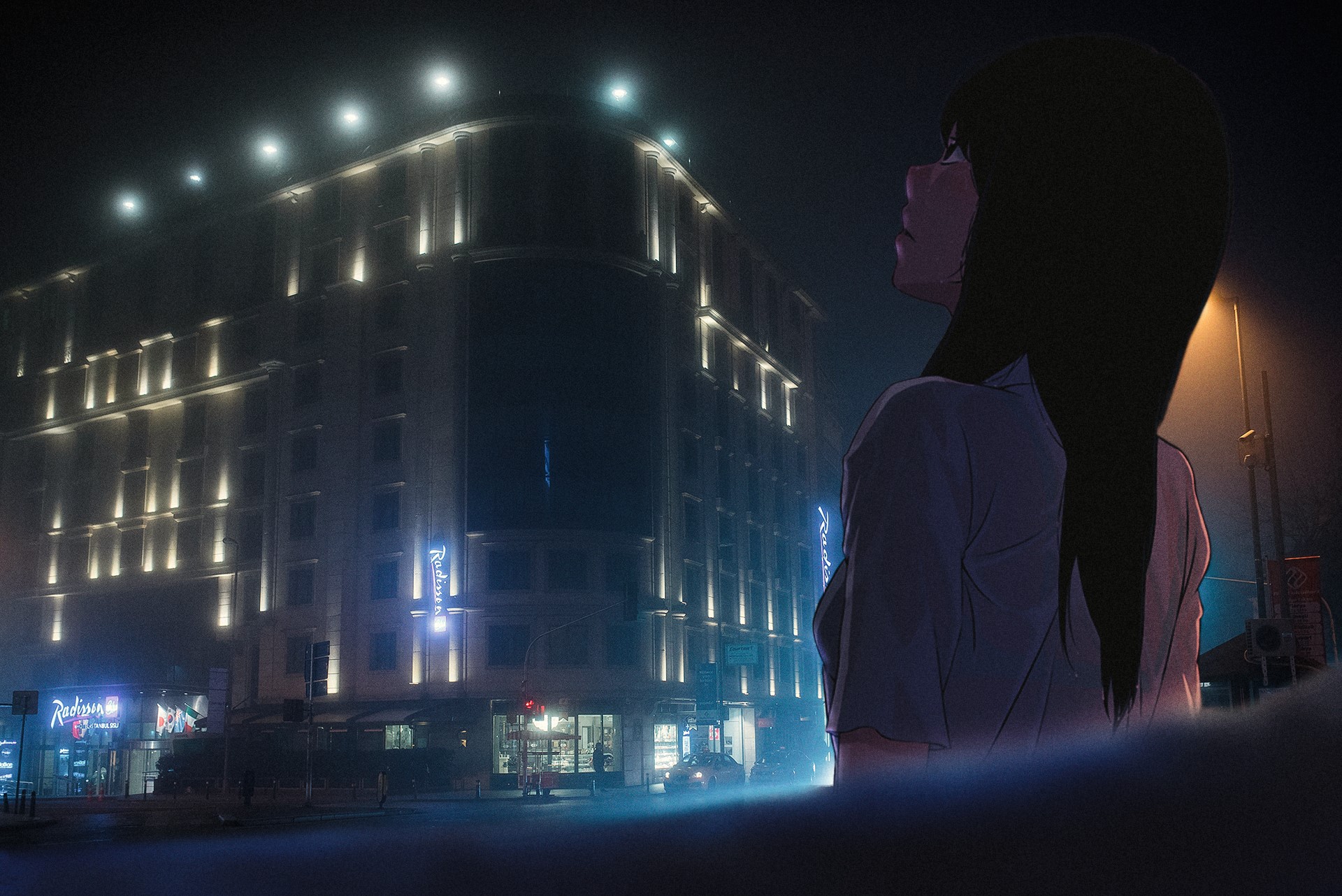 anime, 2D, anime girls, city, night, building, lights, dark, HD Wallpaper