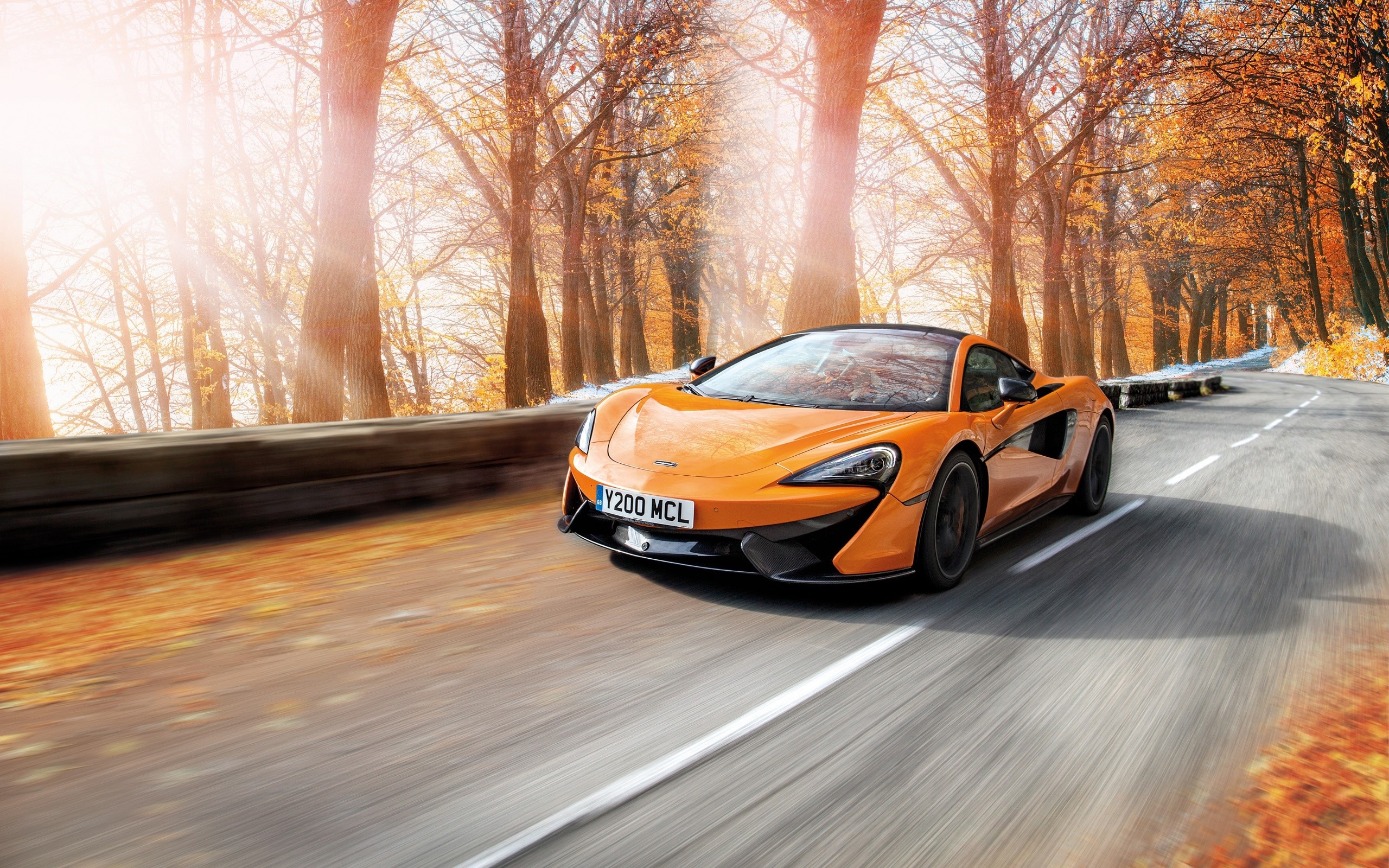 car, McLaren, orange cars, road, fall, trees, asphalt, supercars, numbers, vehicle, HD Wallpaper