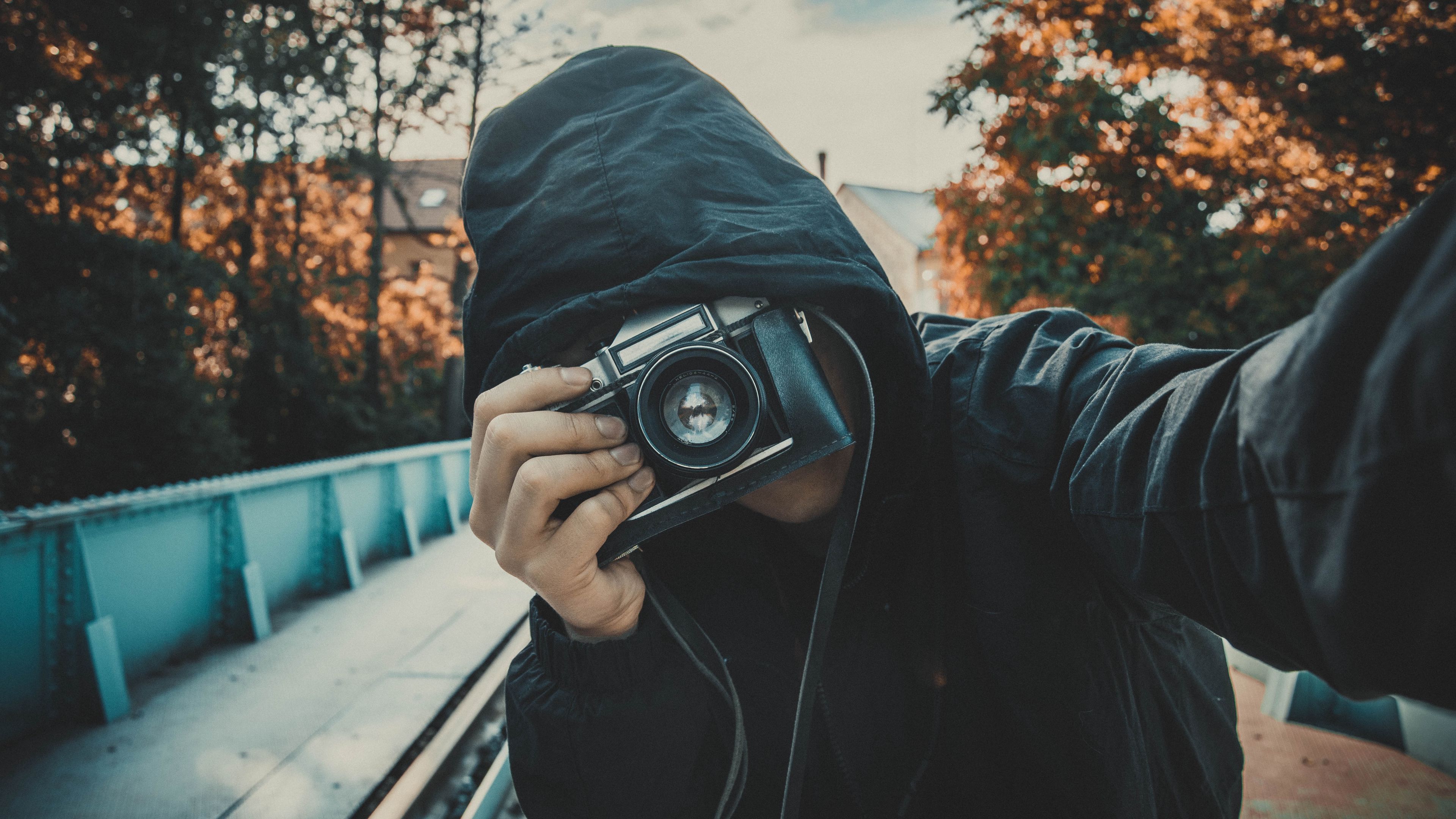 photographer, camera, selfie, hood, lens, hidden face, 4k, HD Wallpaper