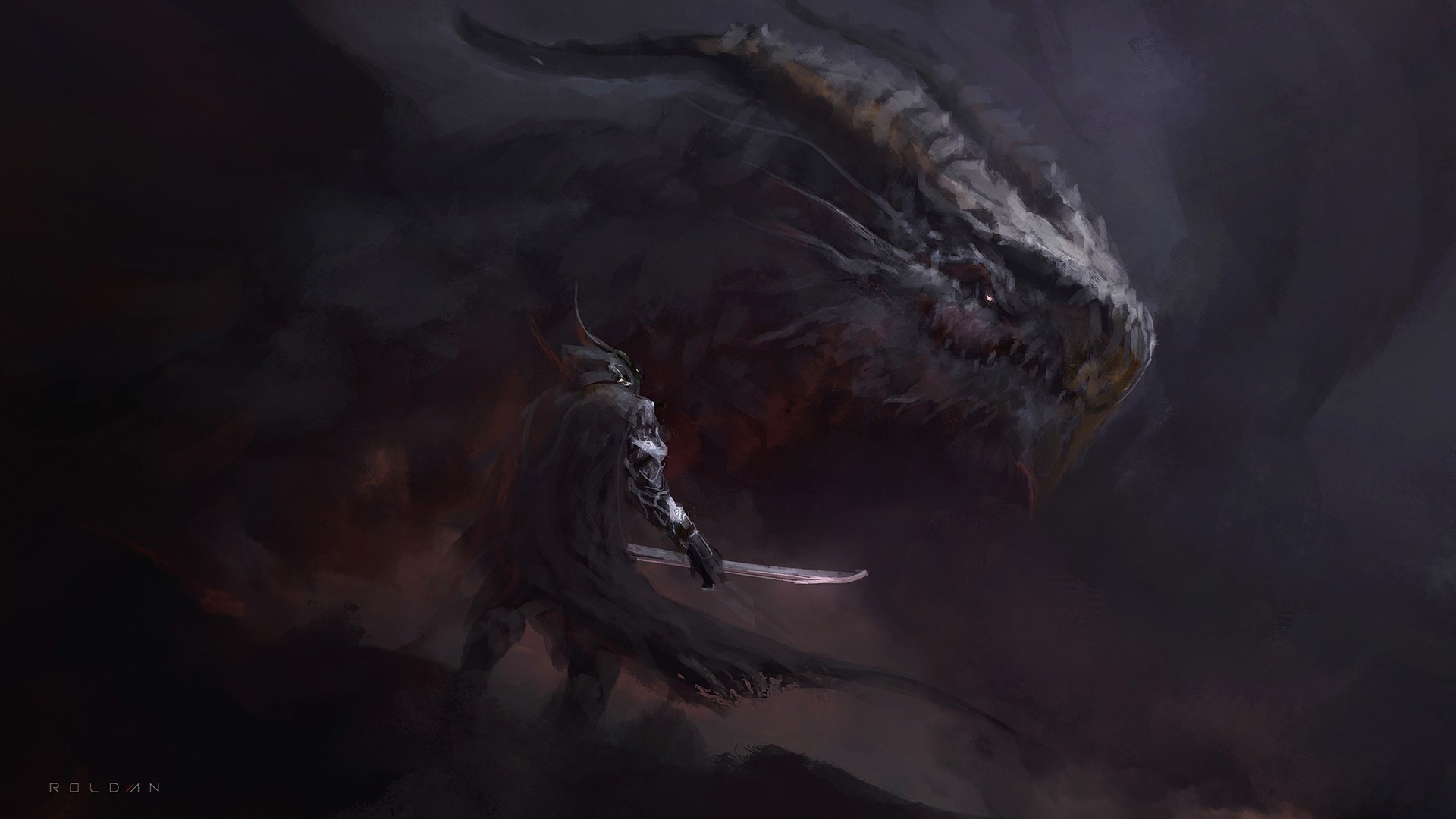 Juan Pablo Roldan, dragon, creature, warrior, knight, sword, fantasy art, artwork, digital art, drawing, illustration, HD Wallpaper