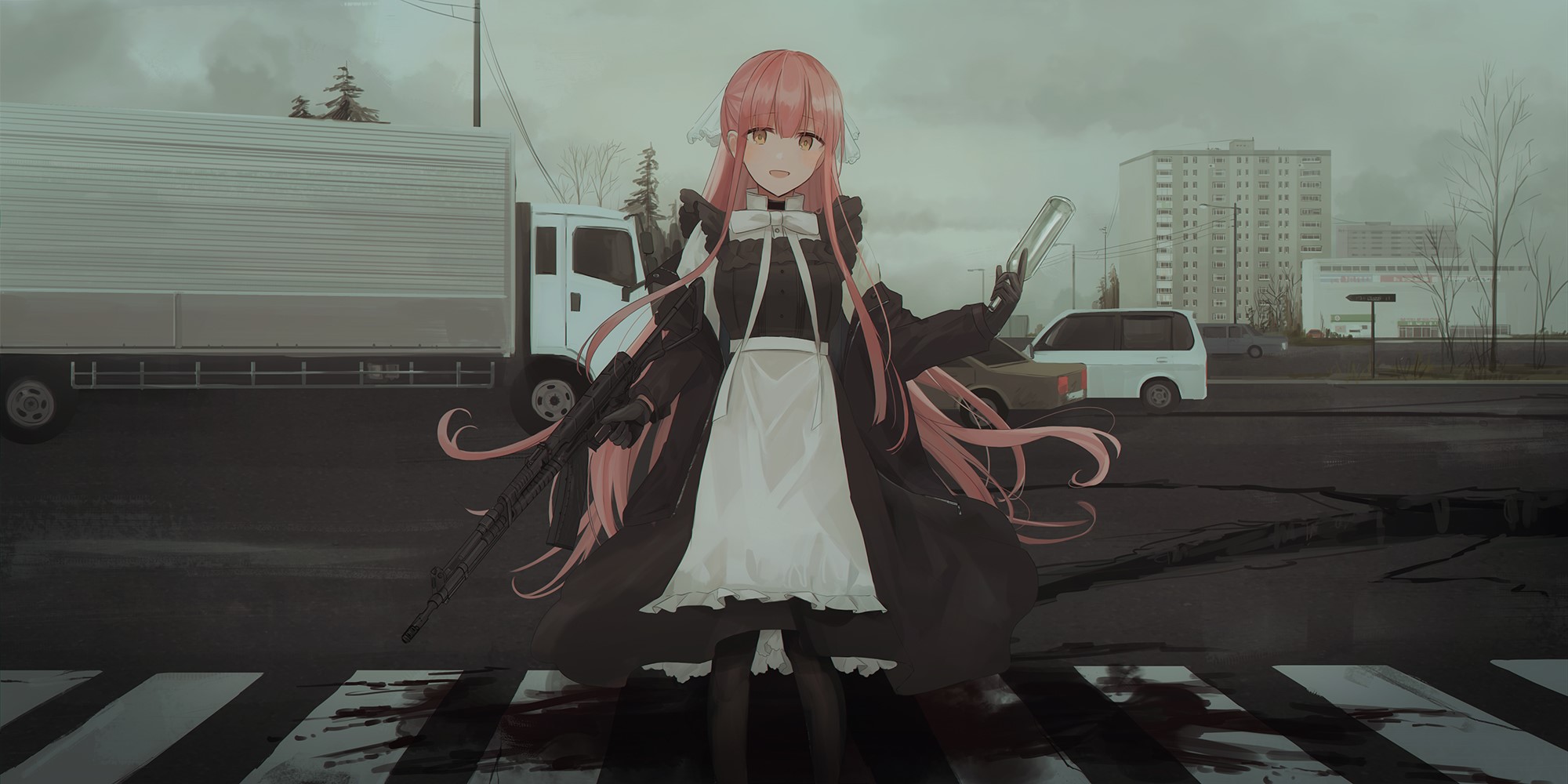 anime girls, anime, original characters, pink hair, maid outfit, black gloves, blood, HD Wallpaper
