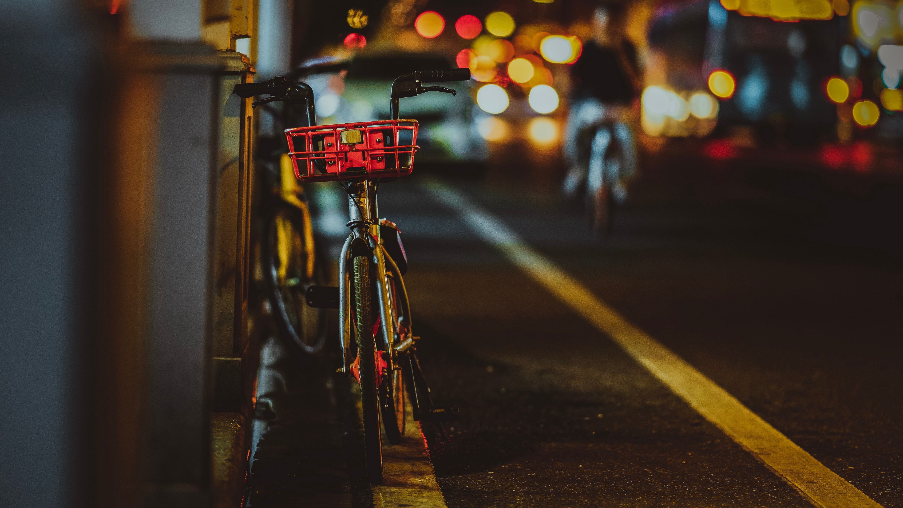 bicycle, street, night, glare, bokeh, 4k, HD Wallpaper