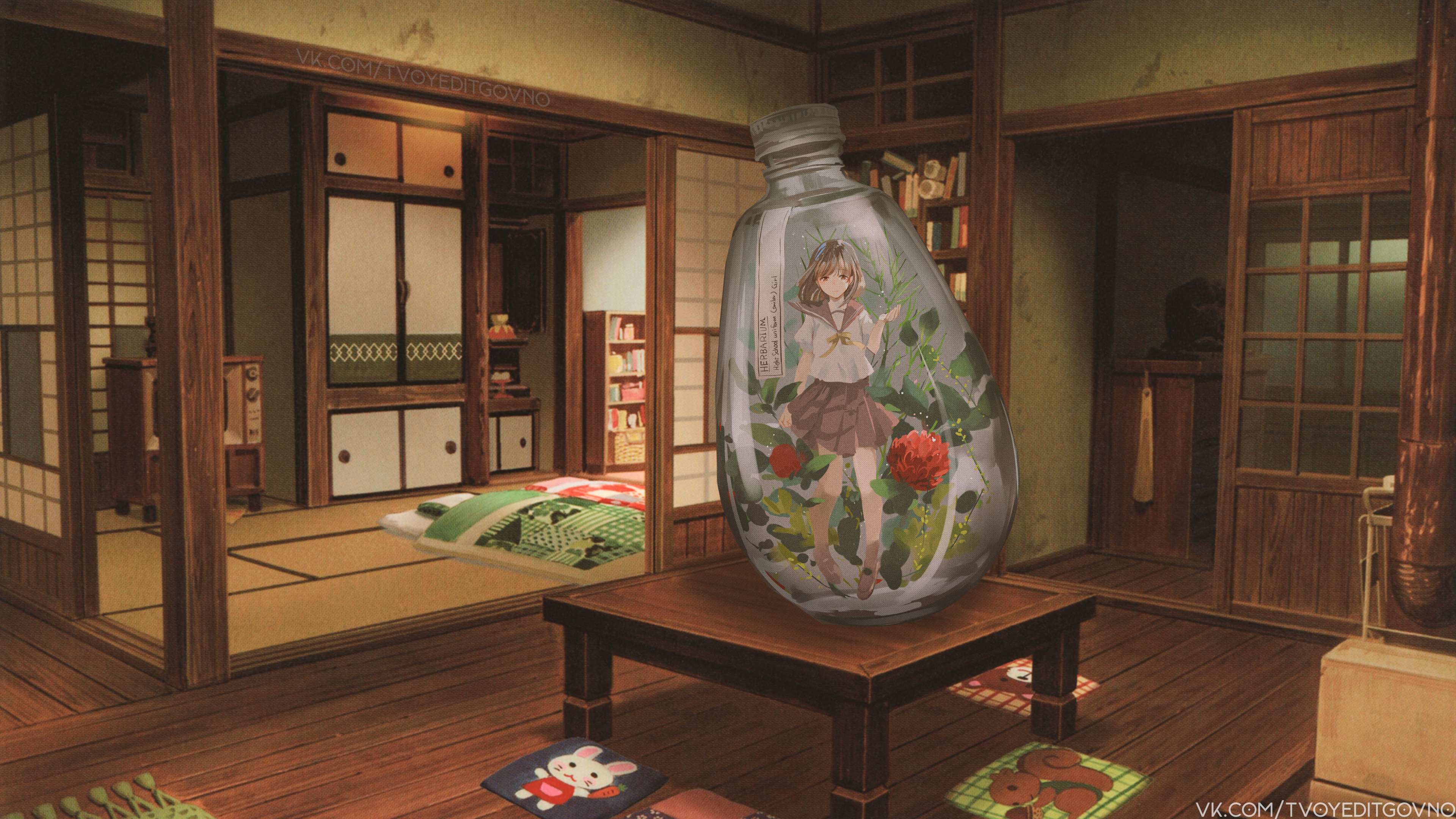 anime, anime girls, bottles, indoors, Asia, table, flowers, HD Wallpaper