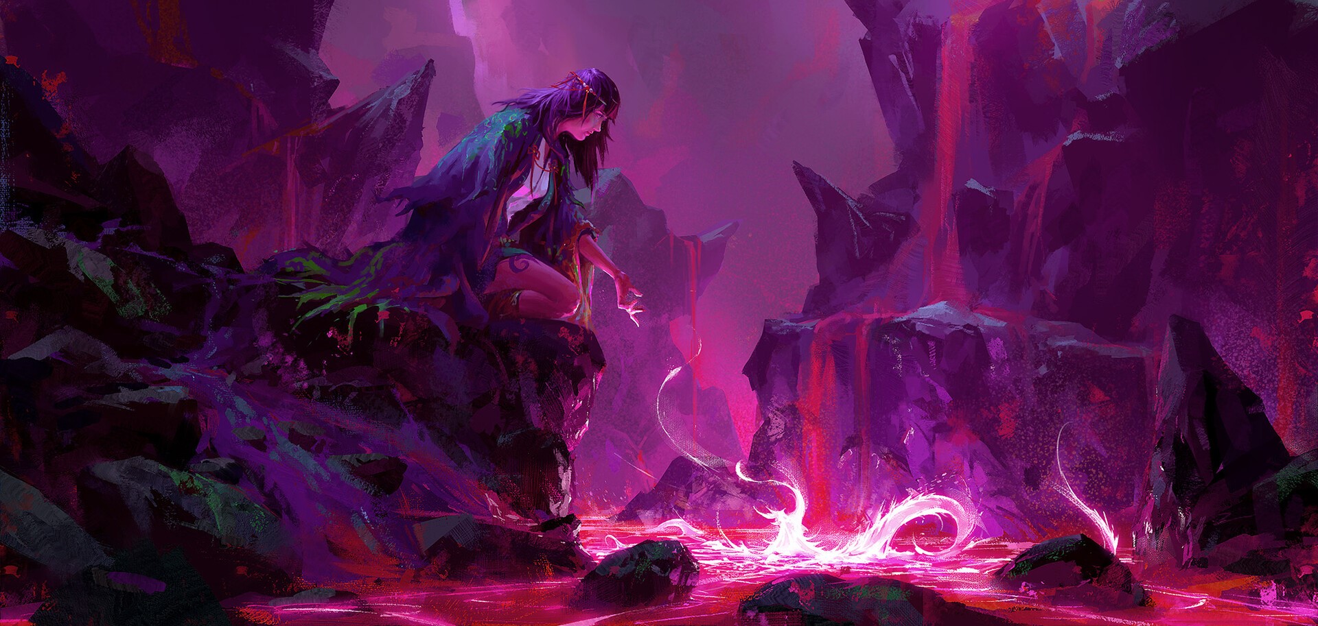 colorful, magic, women, fantasy art, rocks, water, witch, HD Wallpaper