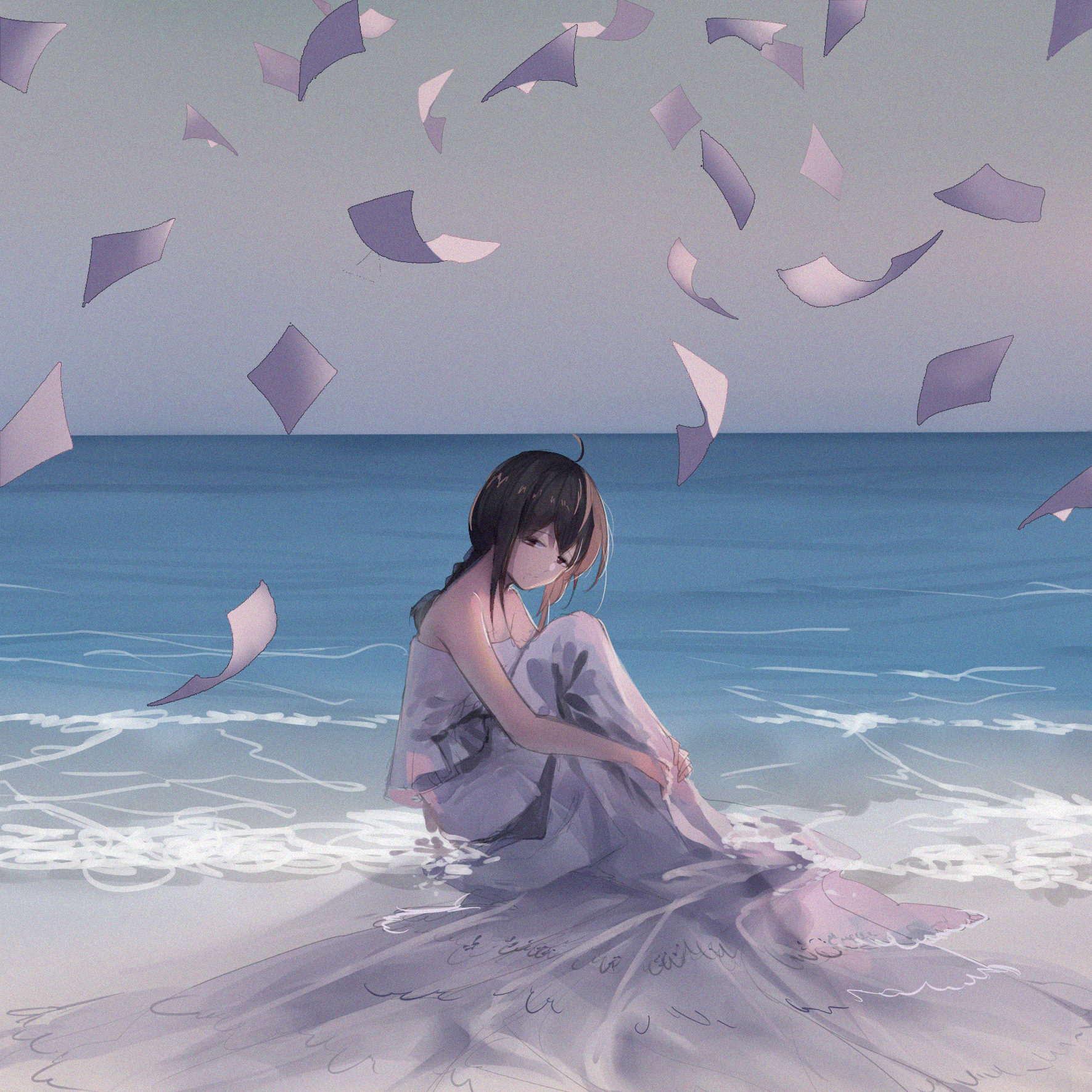 anime, anime girls, black hair, sea, HD Wallpaper