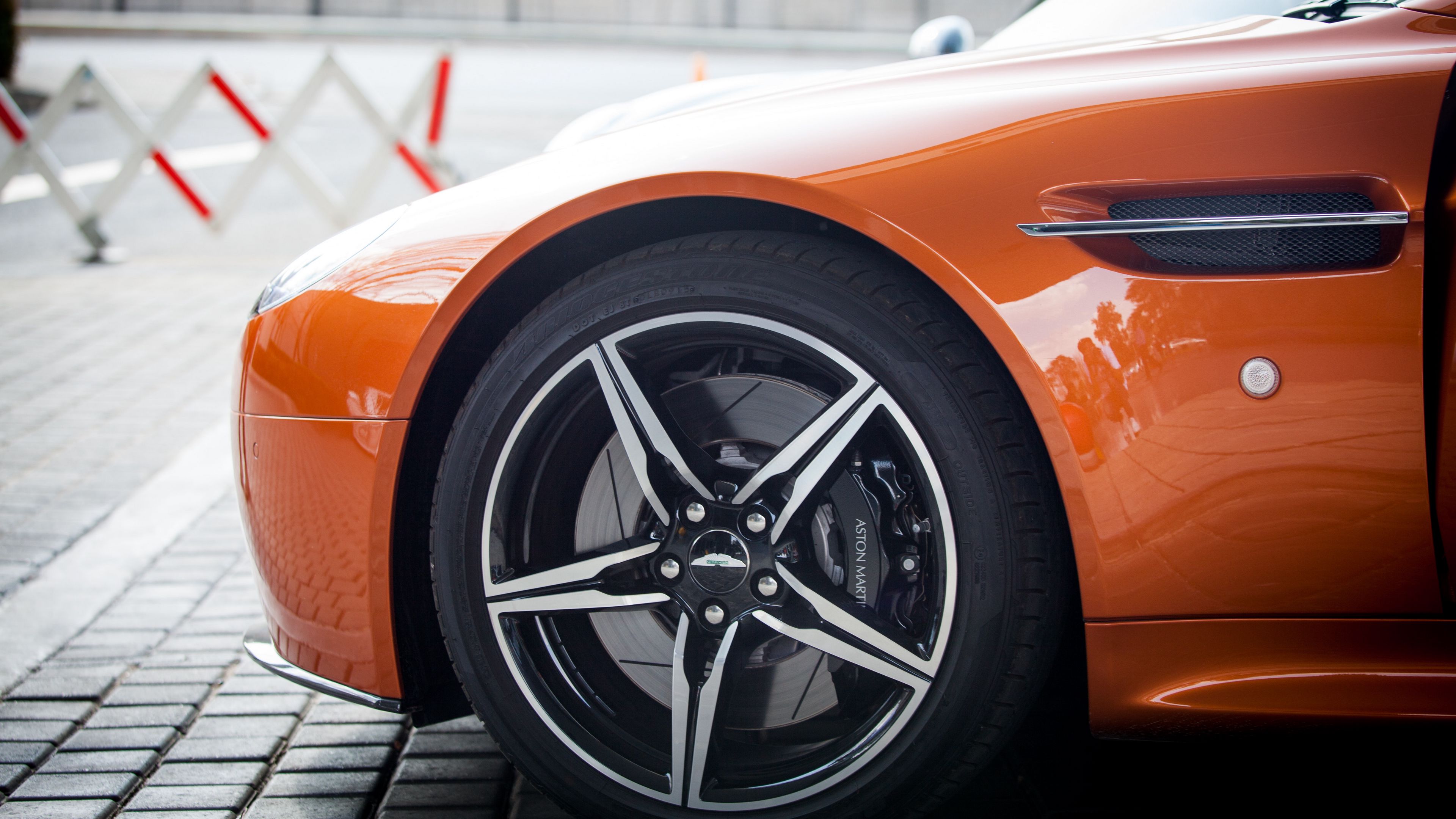 aston martin, wheel, tire, car, orange, 4k, HD Wallpaper