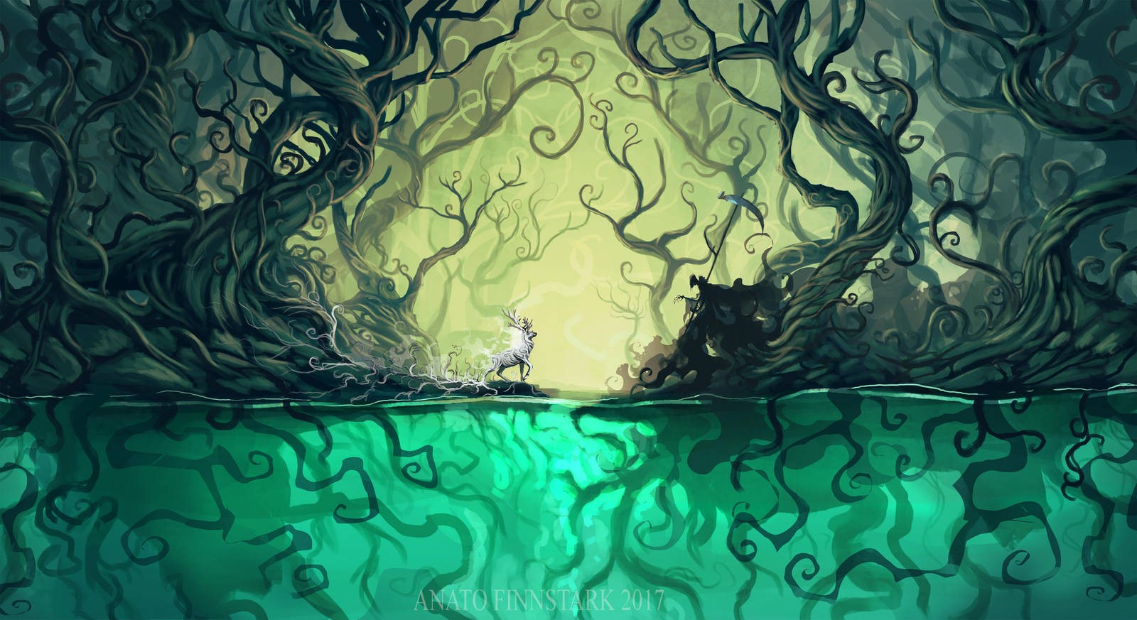 artwork, wood, forest, deer, trees, water, fantasy art, HD Wallpaper