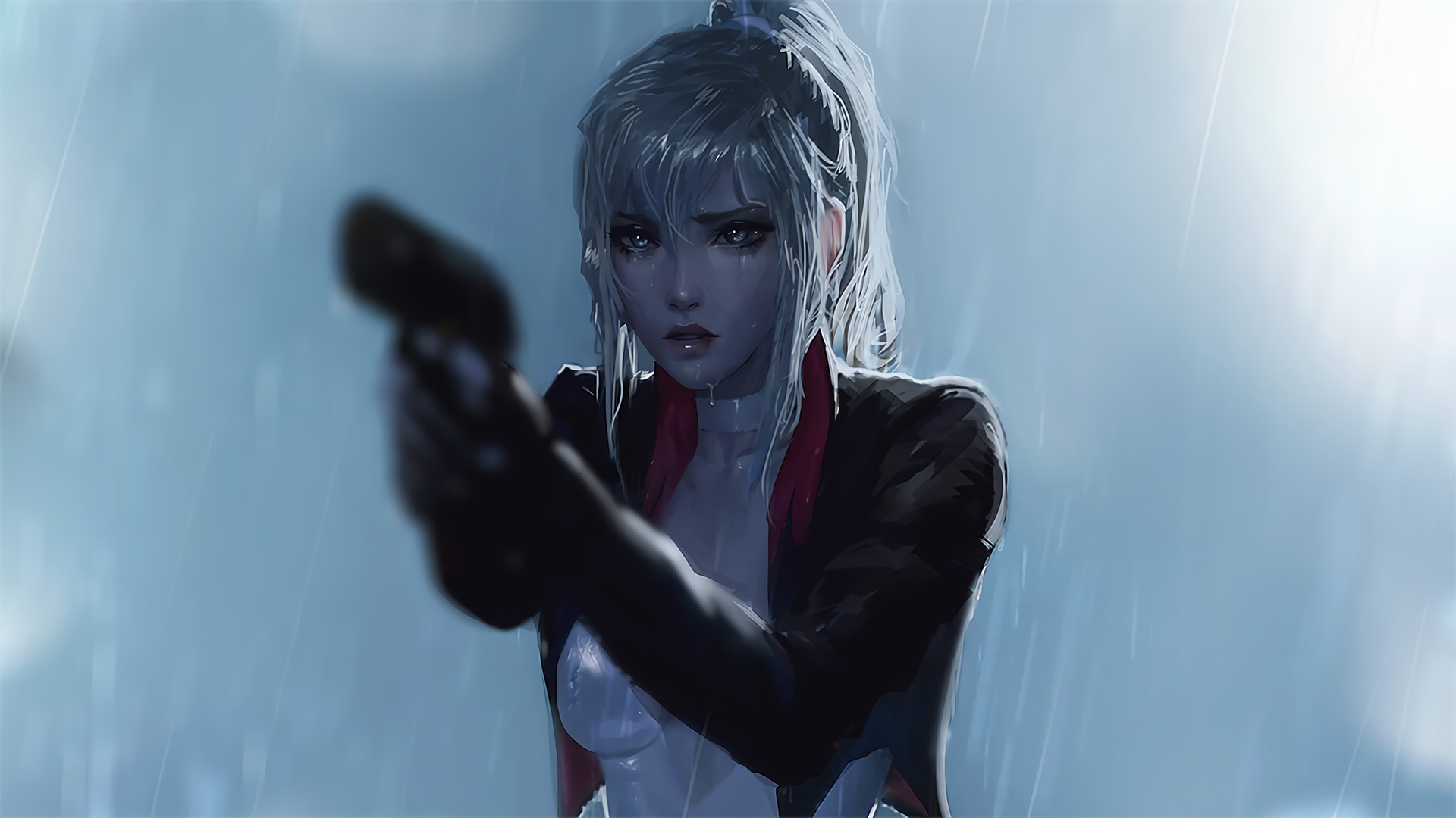digital art, pistol, women, rain, wet, ponytail, Tess(raikoart), HD Wallpaper