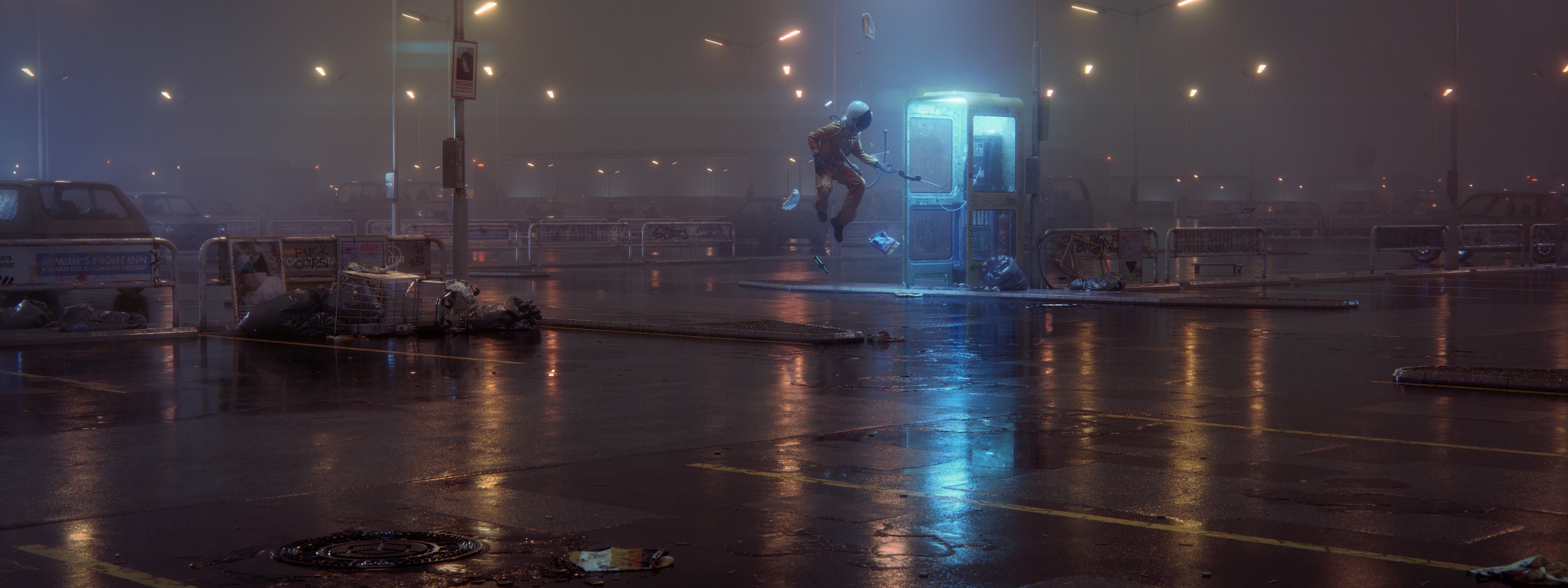 digital art, astronaut, city, parking, phone box, cyan, HD Wallpaper