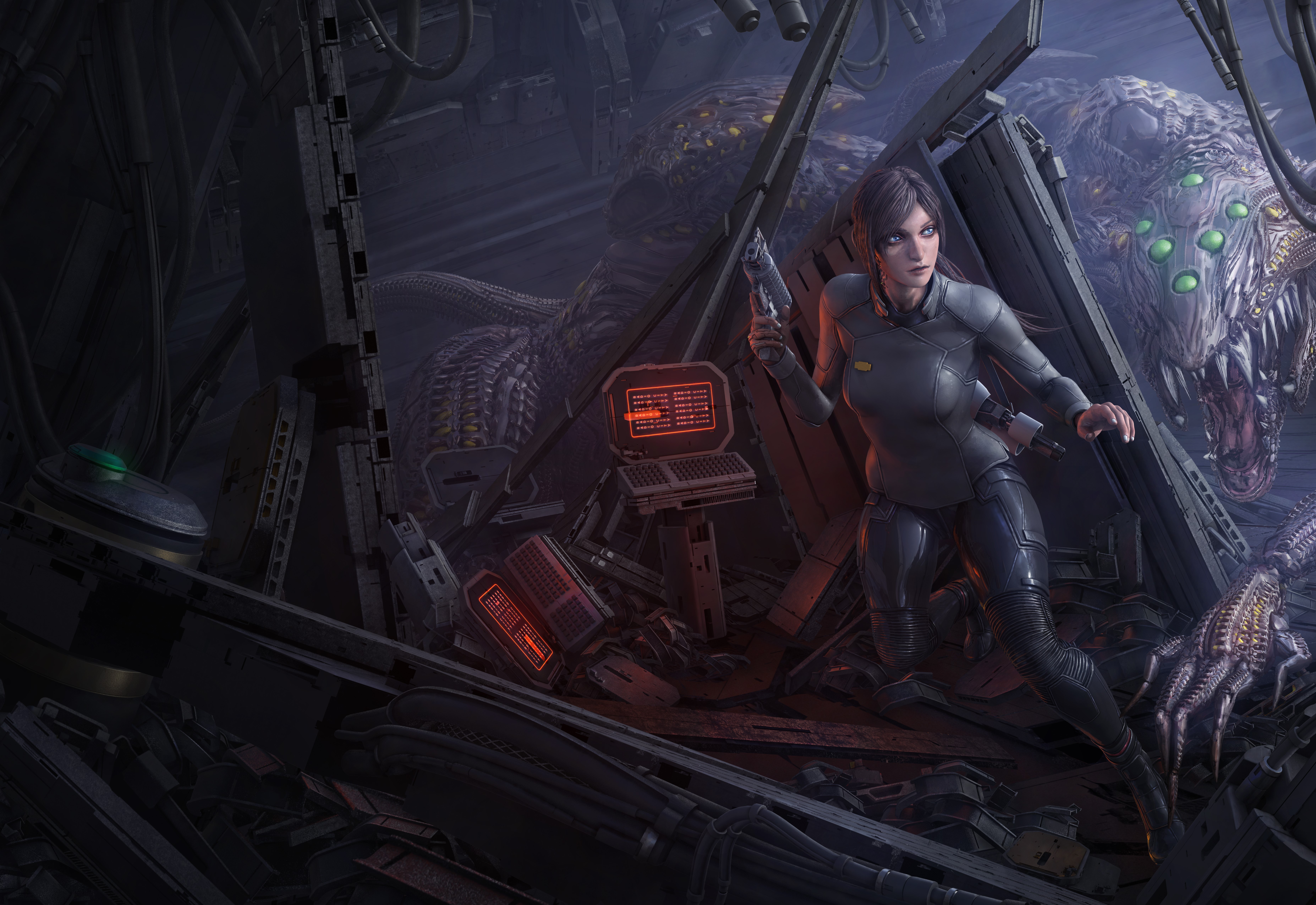 women, brunette, blue eyes, looking away, ponytail, uniform, futuristic, futuristic armor, creature, destruction, fantasy art, science fiction, artwork, CGI, digital art, original characters, concept art, Tek Tan, HD Wallpaper
