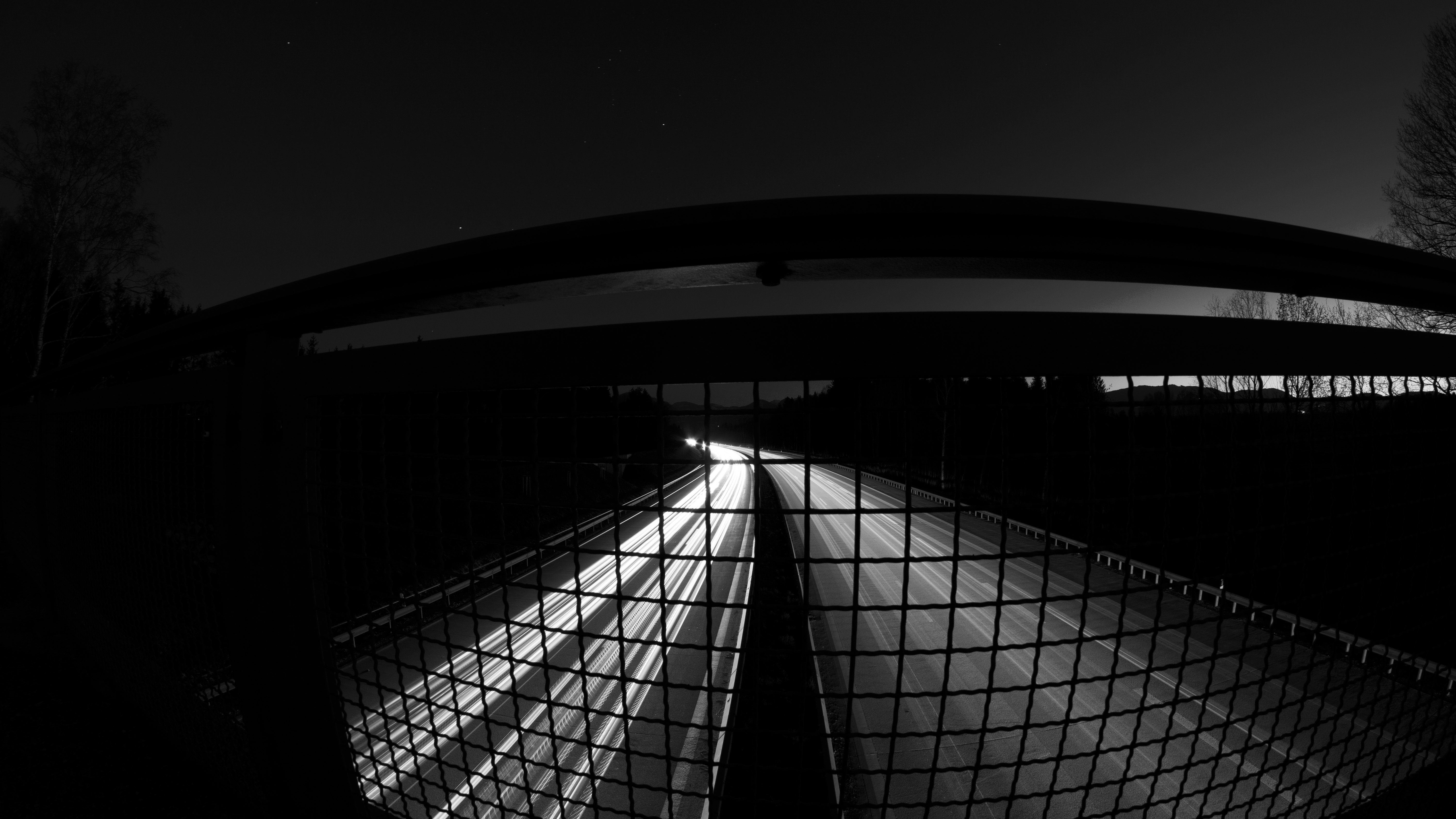 night, nature, long exposure, road, street, lights, fence, trees, stars, monochrome, sky, landscape, HD Wallpaper