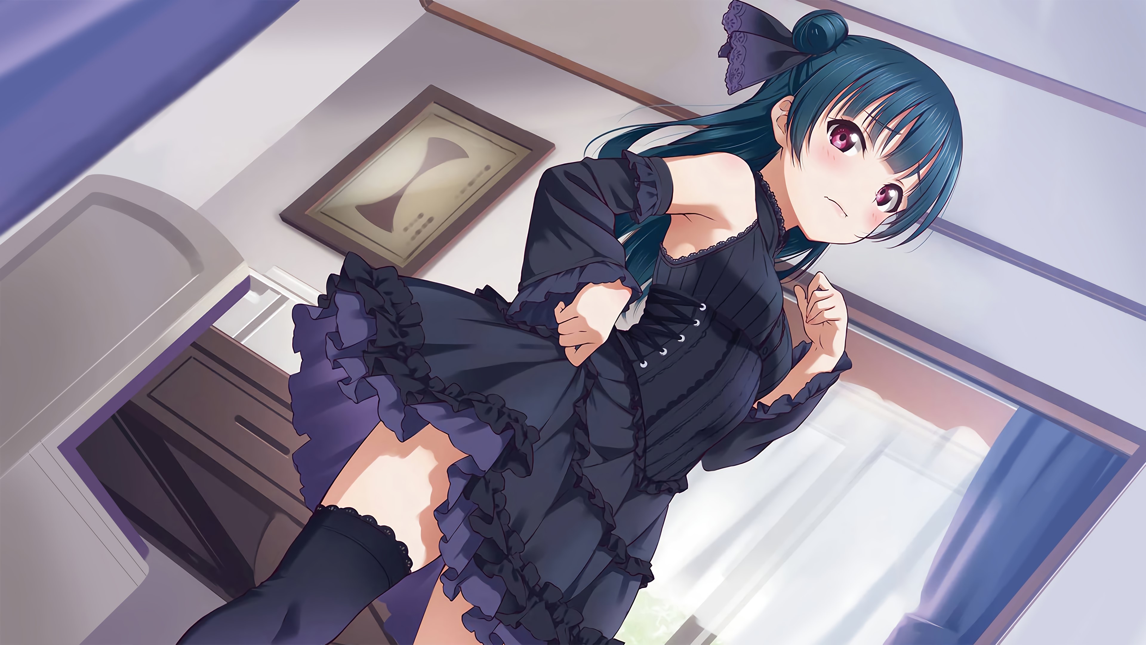Love Live! Sunshine, black dress, bedroom, Tsushima Yoshiko, HD Wallpaper