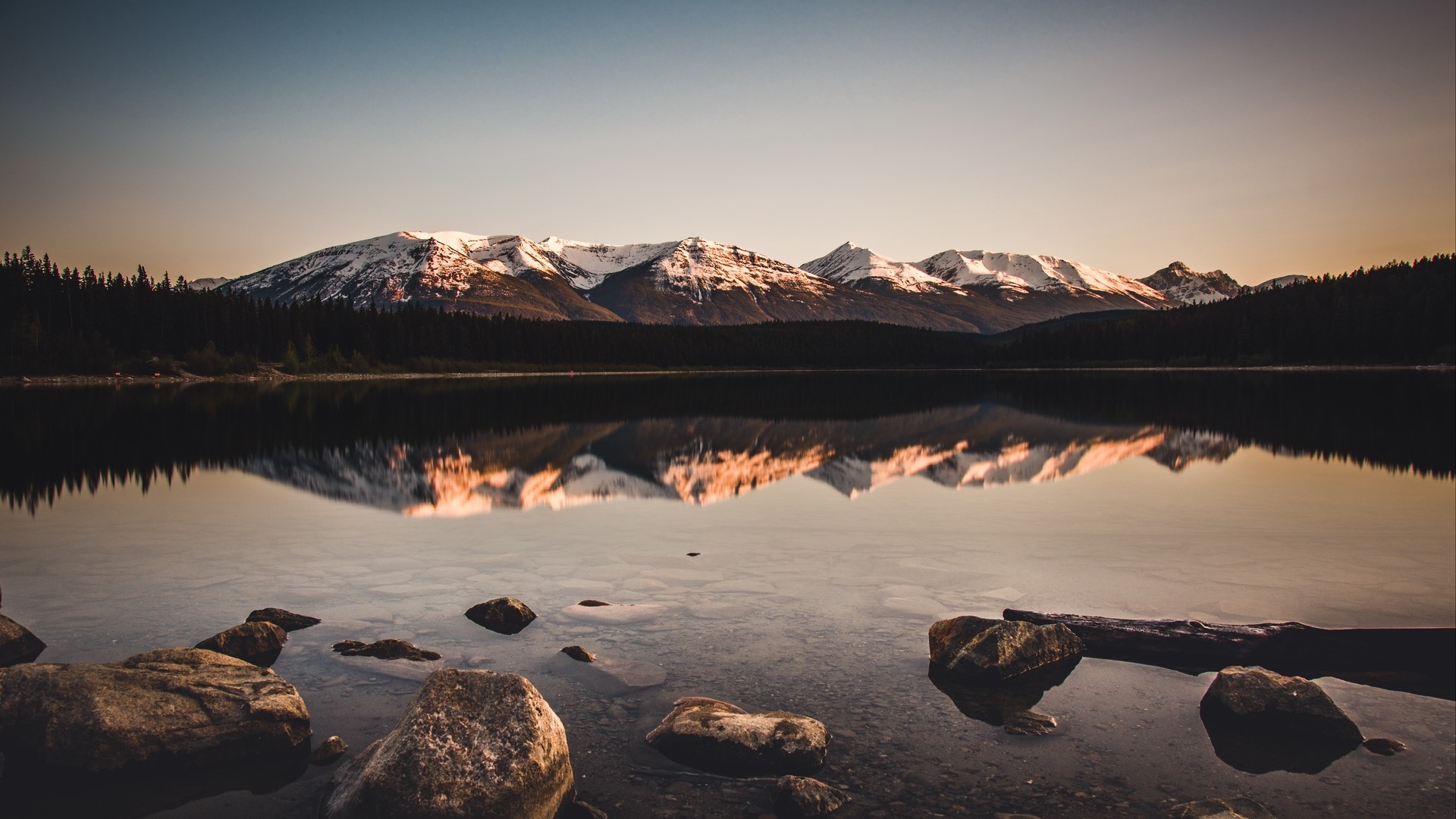 landscape, nature, lake, mountains, rocks, stones, reflection, trees, snowy mountain, HD Wallpaper