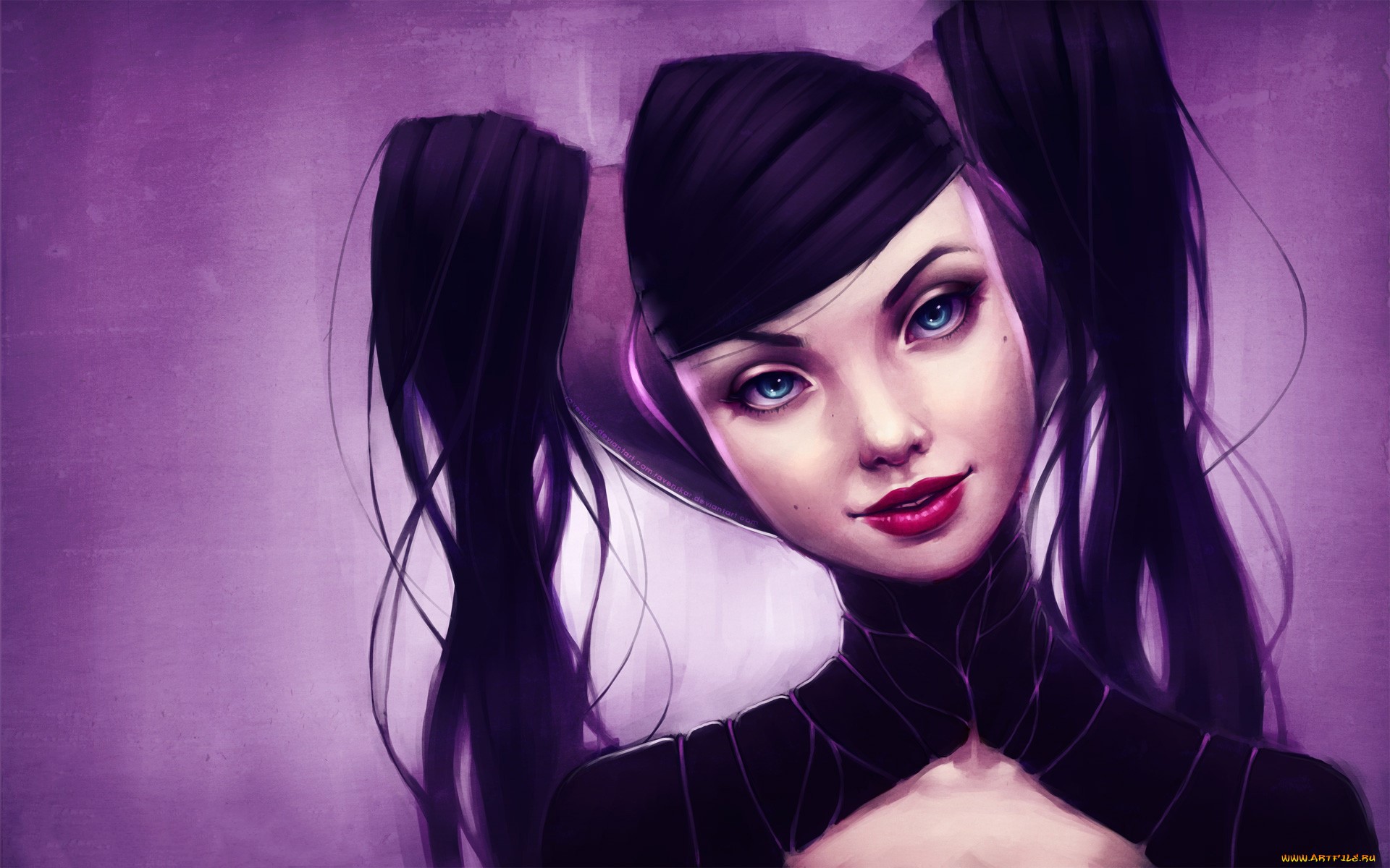 purple background, face, dark hair, women, artwork, long hair, HD Wallpaper