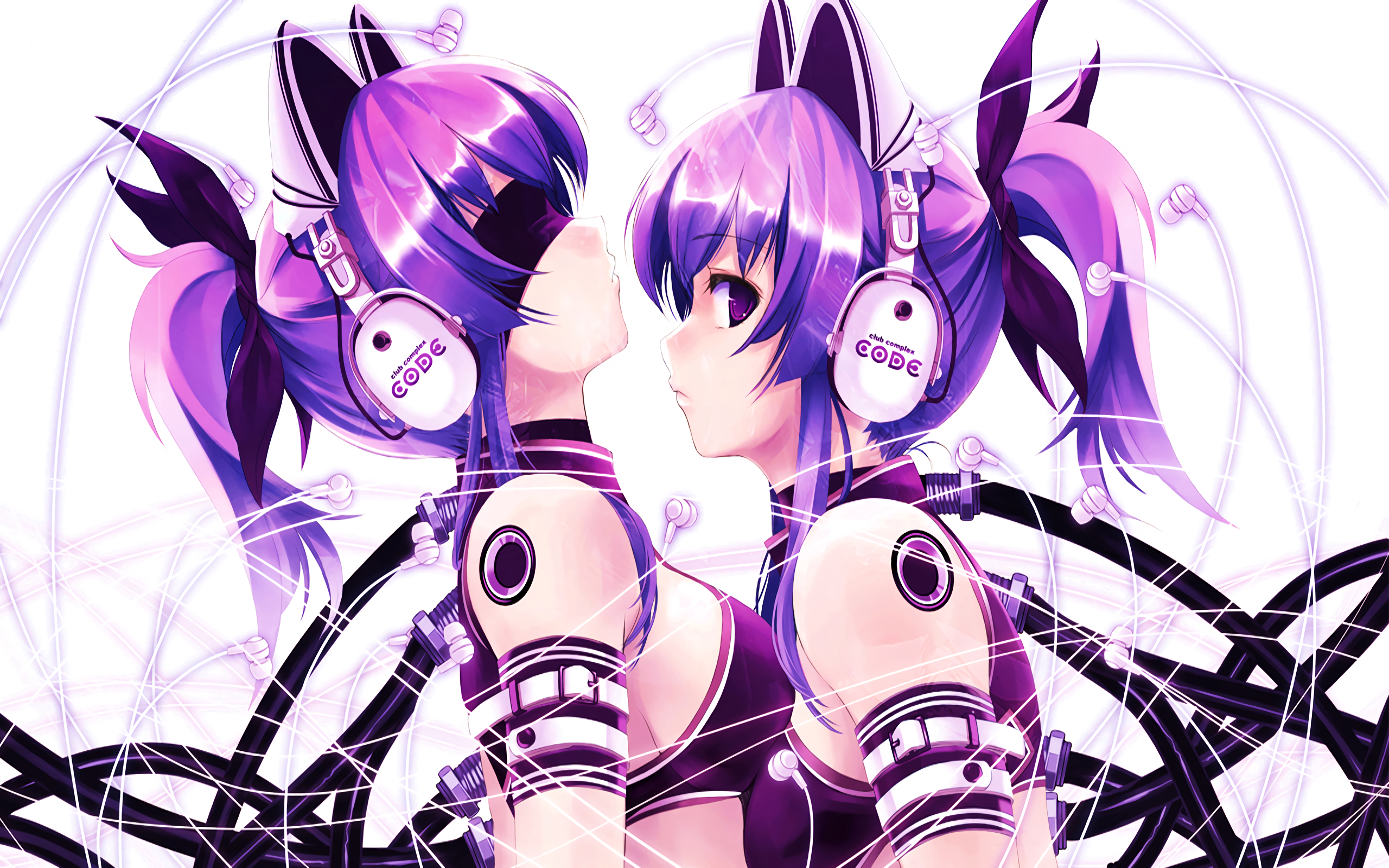 looking at viewer, headphones, purple hair, HD Wallpaper