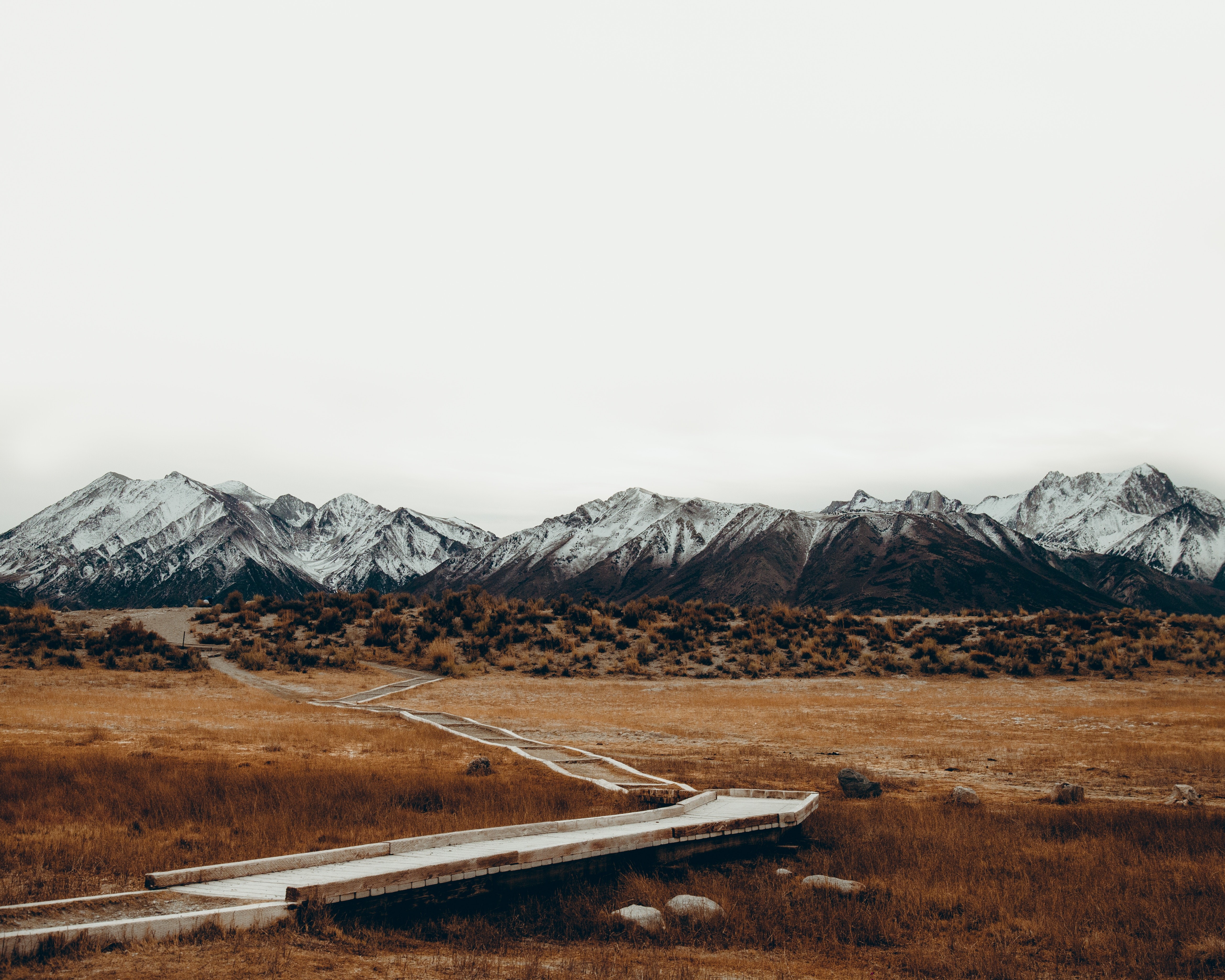 nature, mountains, landscape, walkway, snowy mountain, dry grass, HD Wallpaper