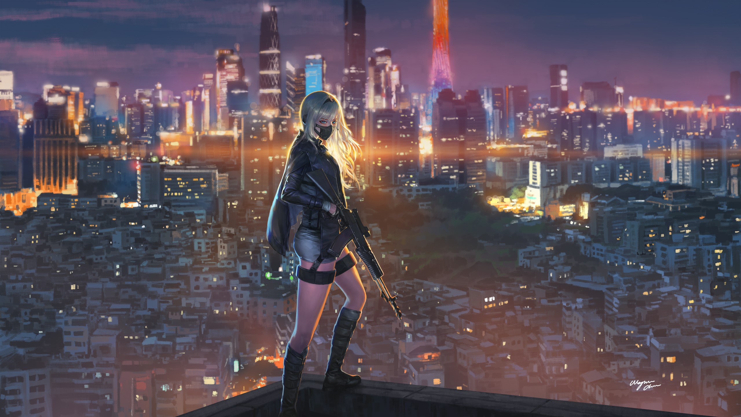 city, women, artwork, night, city lights, gun, mask, standing, Girls Frontline, machine gun, AN-94, HD Wallpaper