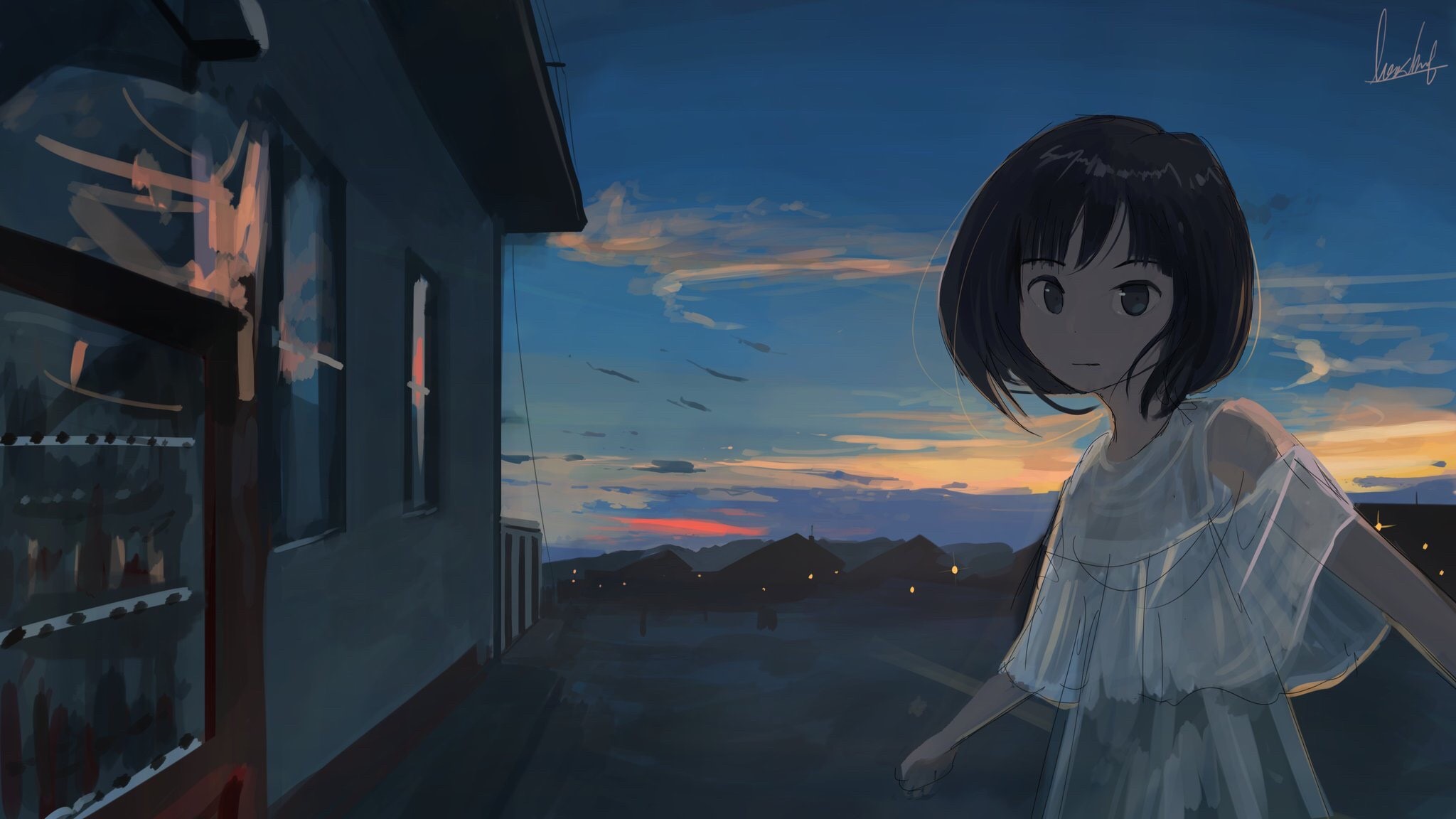 anime, anime girls, original characters, sunset, black hair, HD Wallpaper