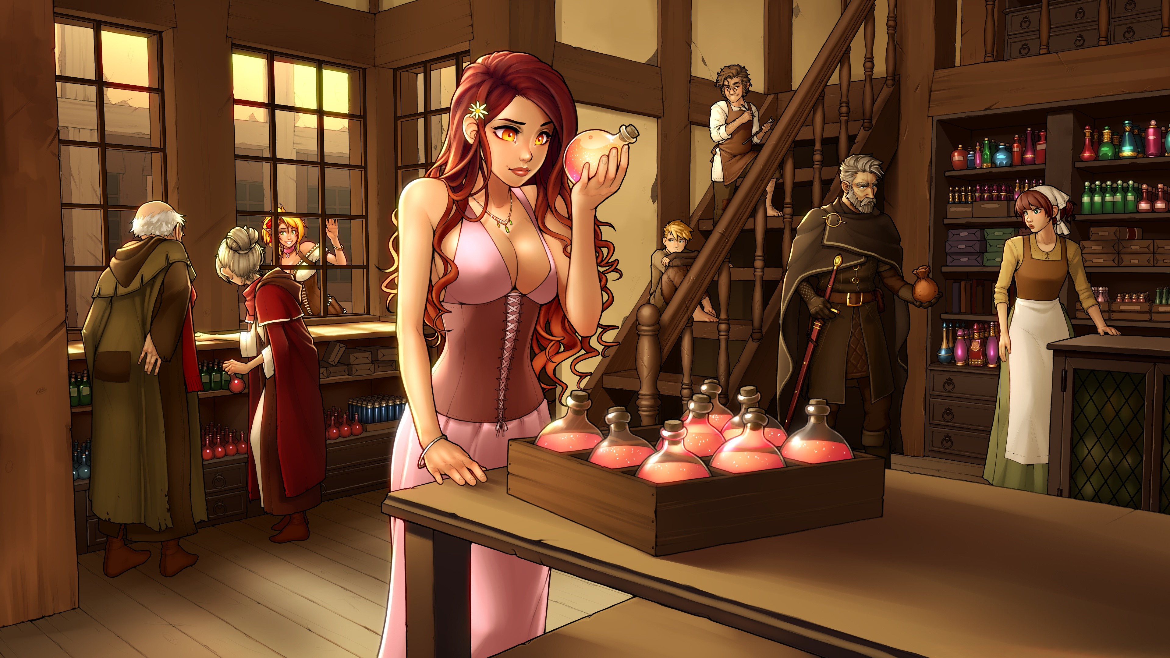 fantasy art, fantasy girl, artwork, shop, redhead, potions, RoninDude, cleavage, HD Wallpaper