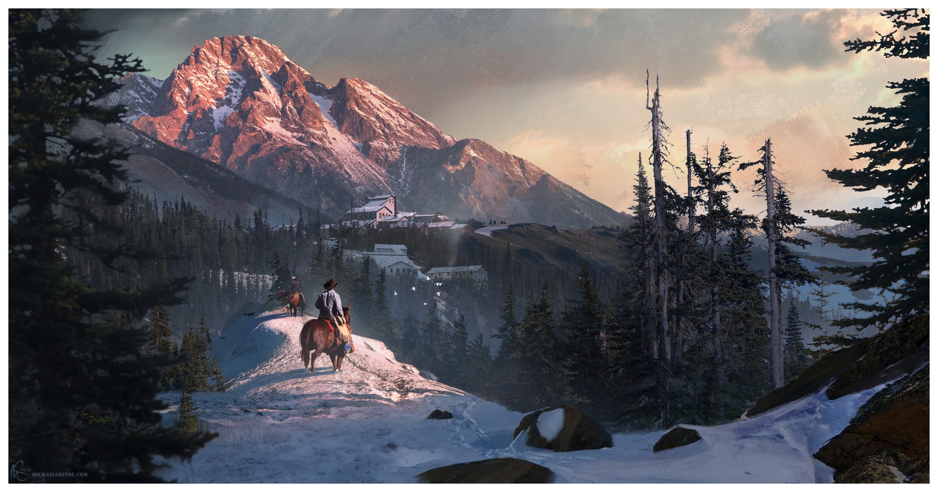 artwork, mountains, horse, men, town, snow, picture frames, HD Wallpaper