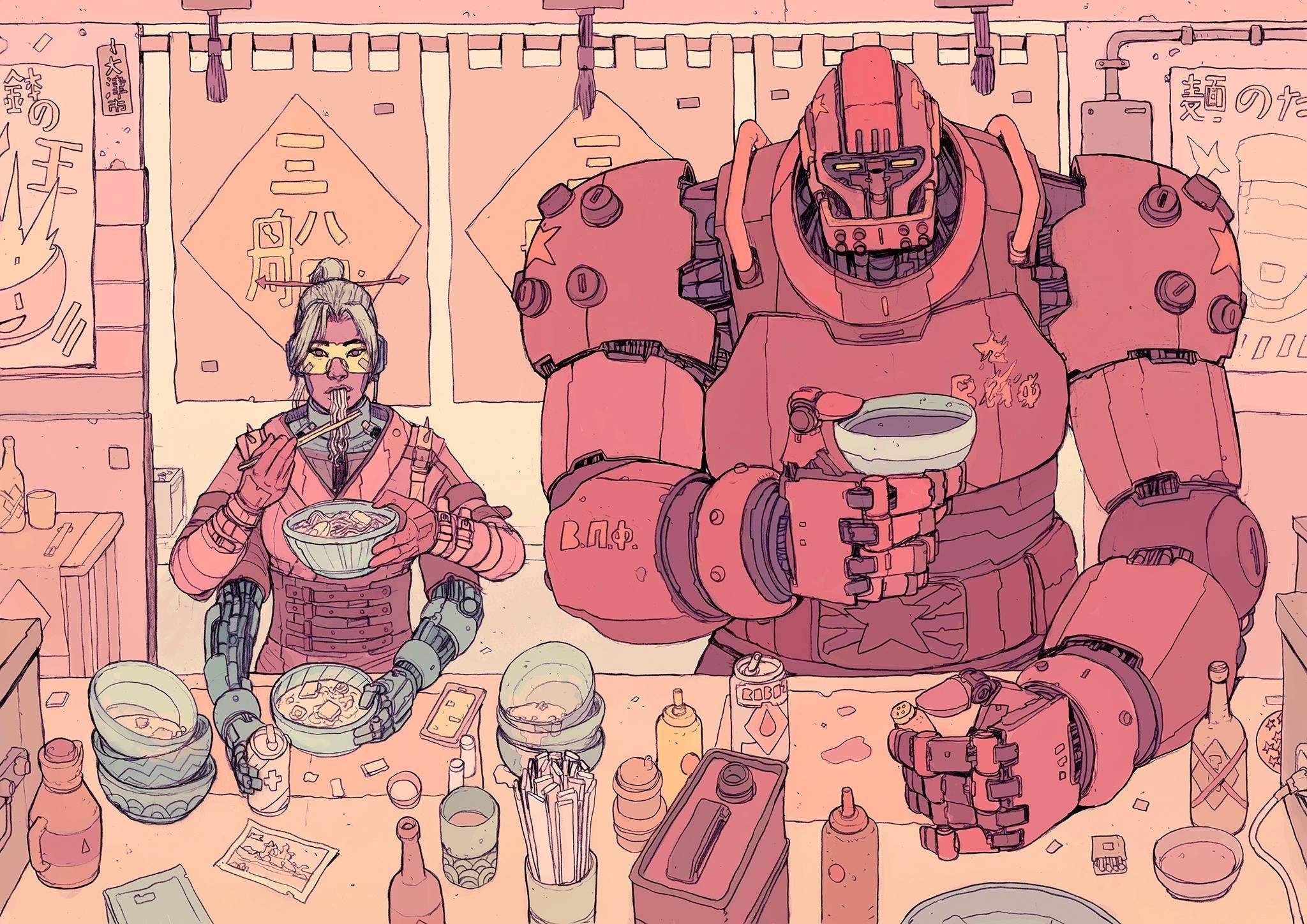 robot, restaurant, food, artwork, HD Wallpaper