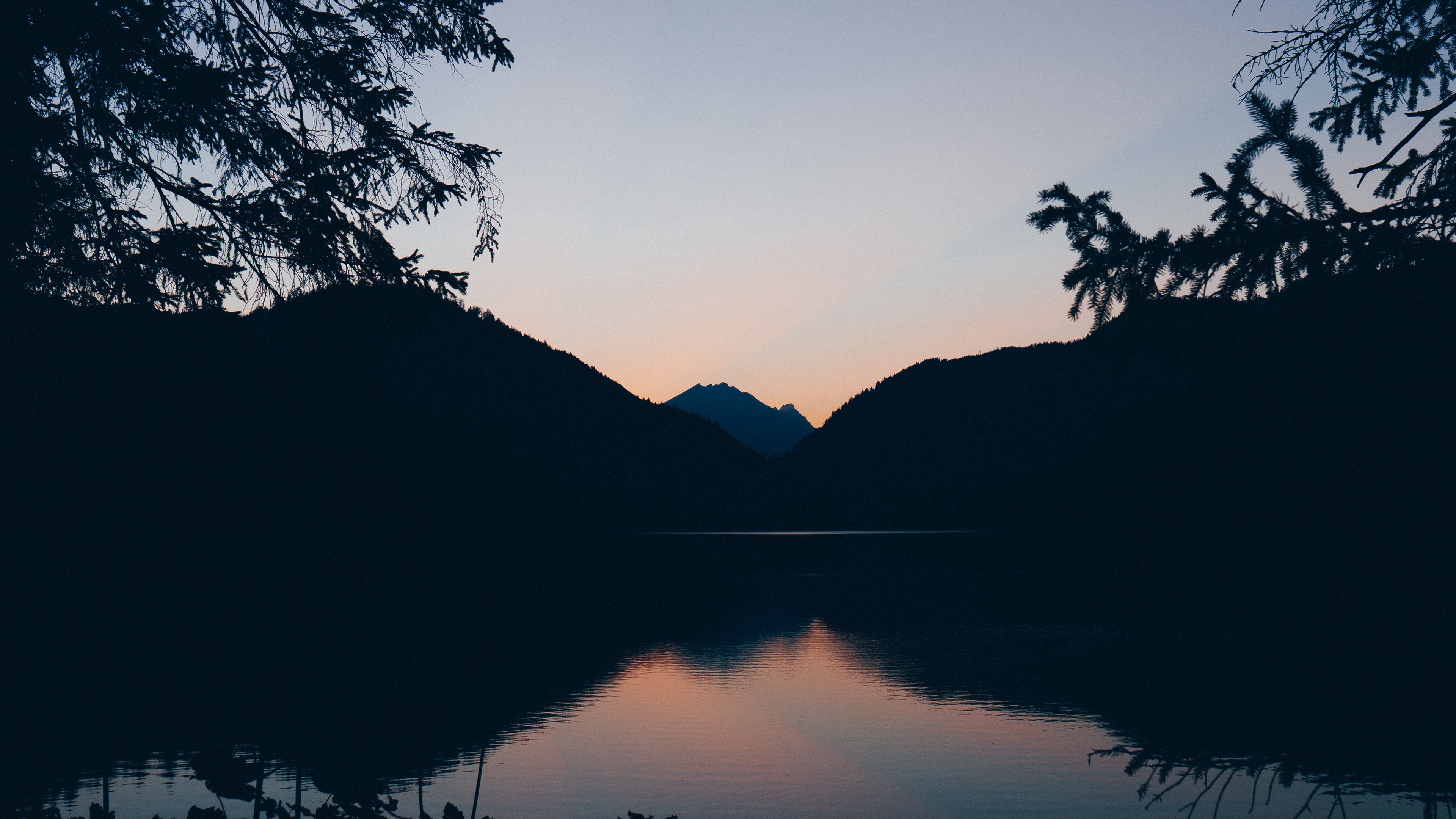 mountains, lake, twilight, reflection, horizon, branches, 4k, HD Wallpaper