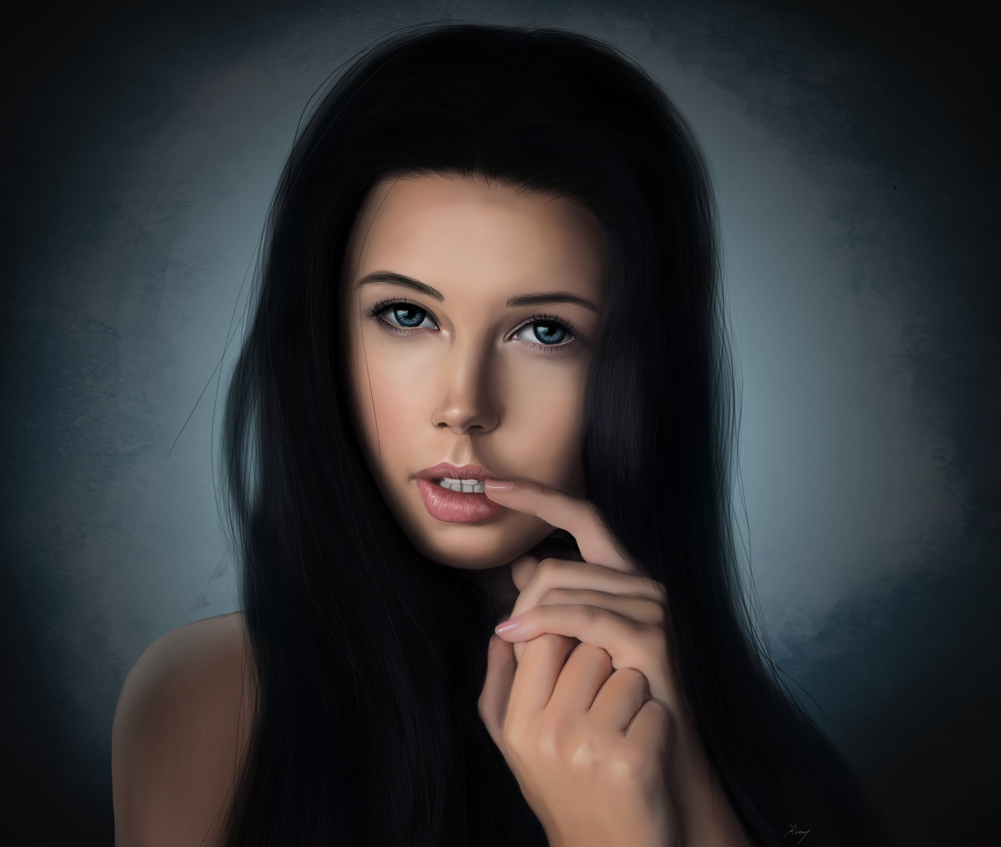 Elena Belkina, long hair, model, women, bare shoulders, gray eyes, looking at viewer, black hair, simple background, dark hair, finger on lips, portrait, artwork, HD Wallpaper