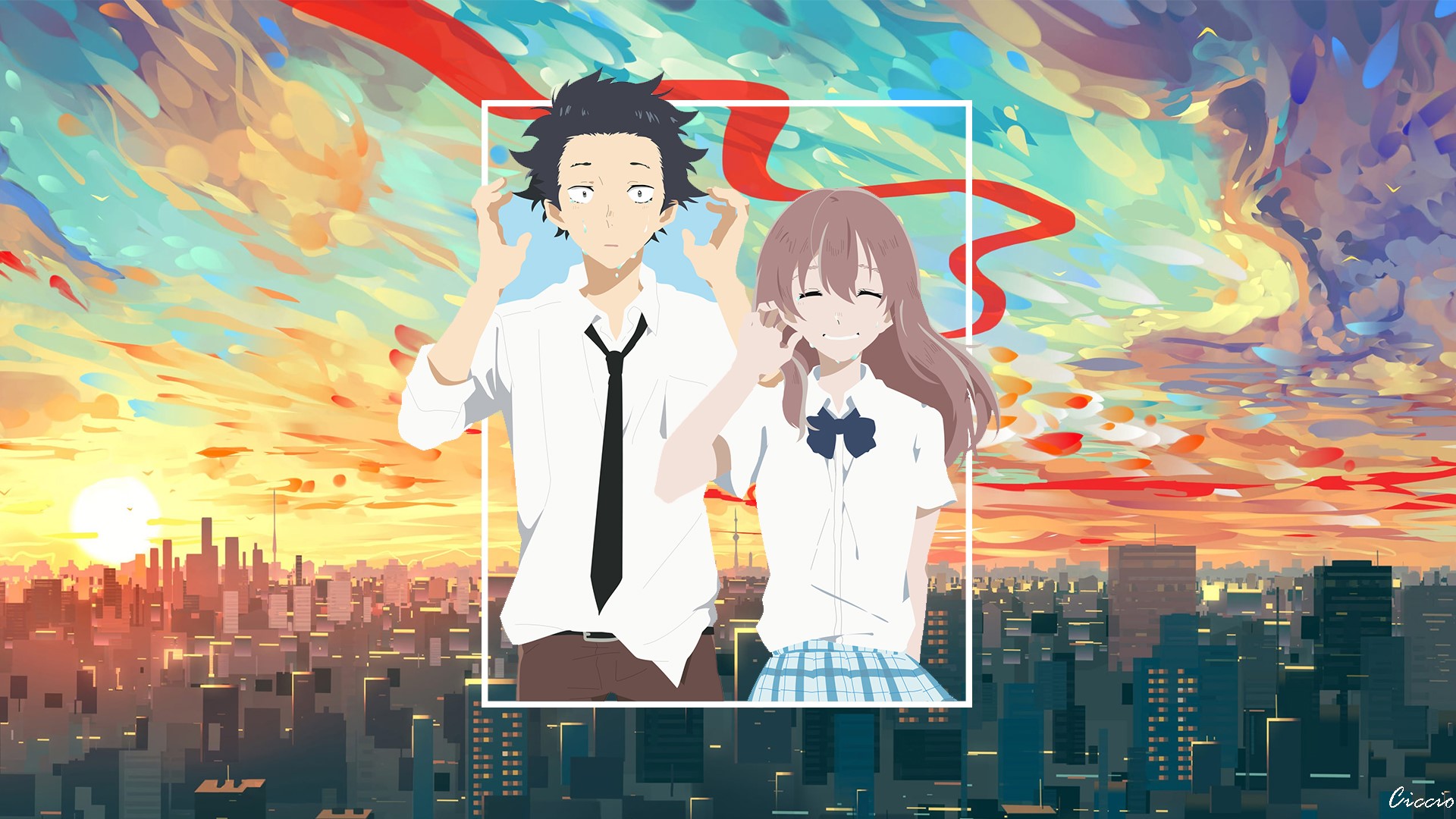 Koe no Katachi., anime, anime boys, tie, cityscape, anime girls, picture-in-picture, HD Wallpaper