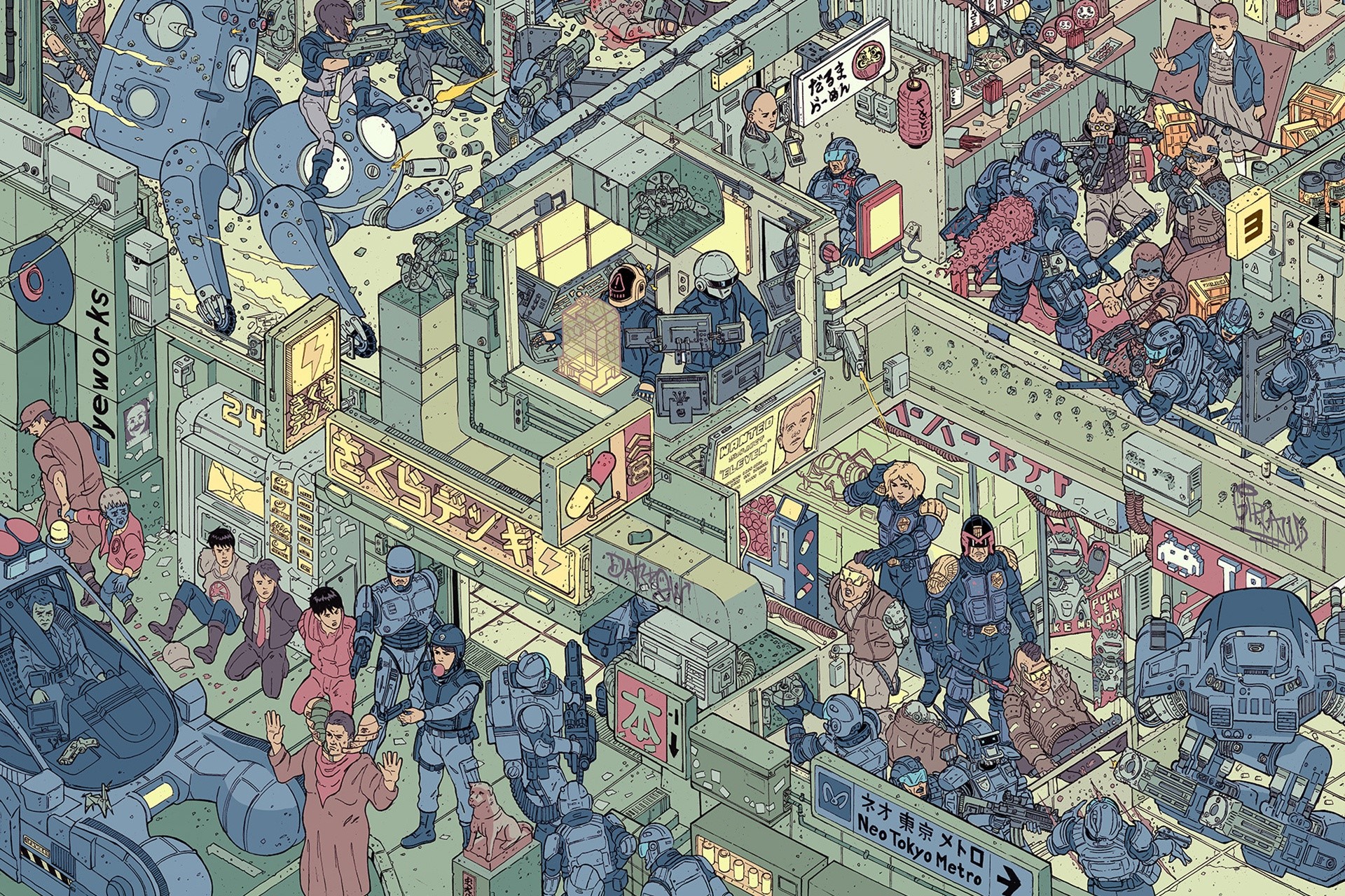 cyberpunk, futuristic, science fiction, artwork, RoboCop, Judge Dredd, ed-209, Total Recall, Blade Runner, Akira, Daft Punk, Major Motoko Kusanagi, Chappie, Furiosa, HD Wallpaper