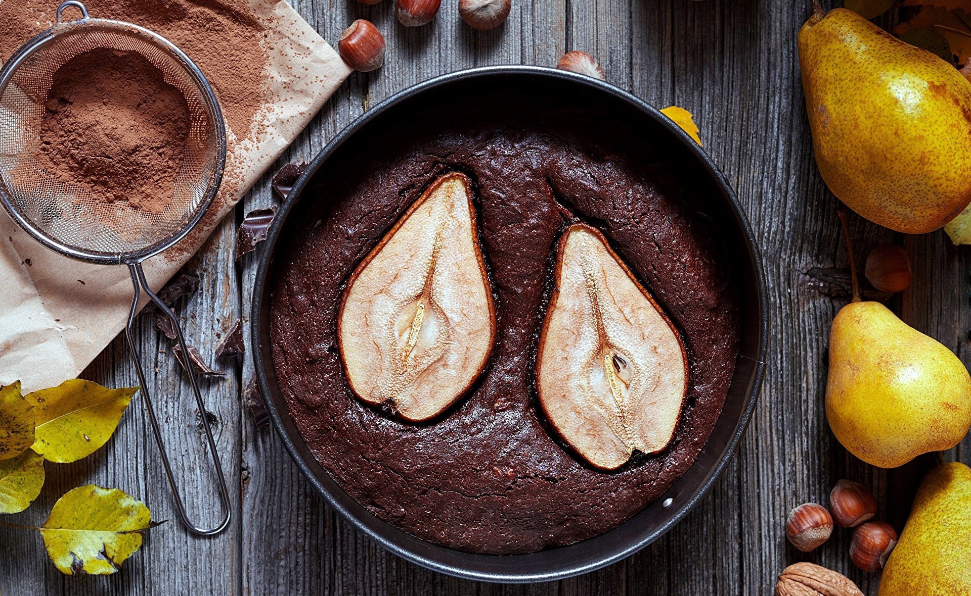 food, cake, fruit, leaves, nuts, HD Wallpaper
