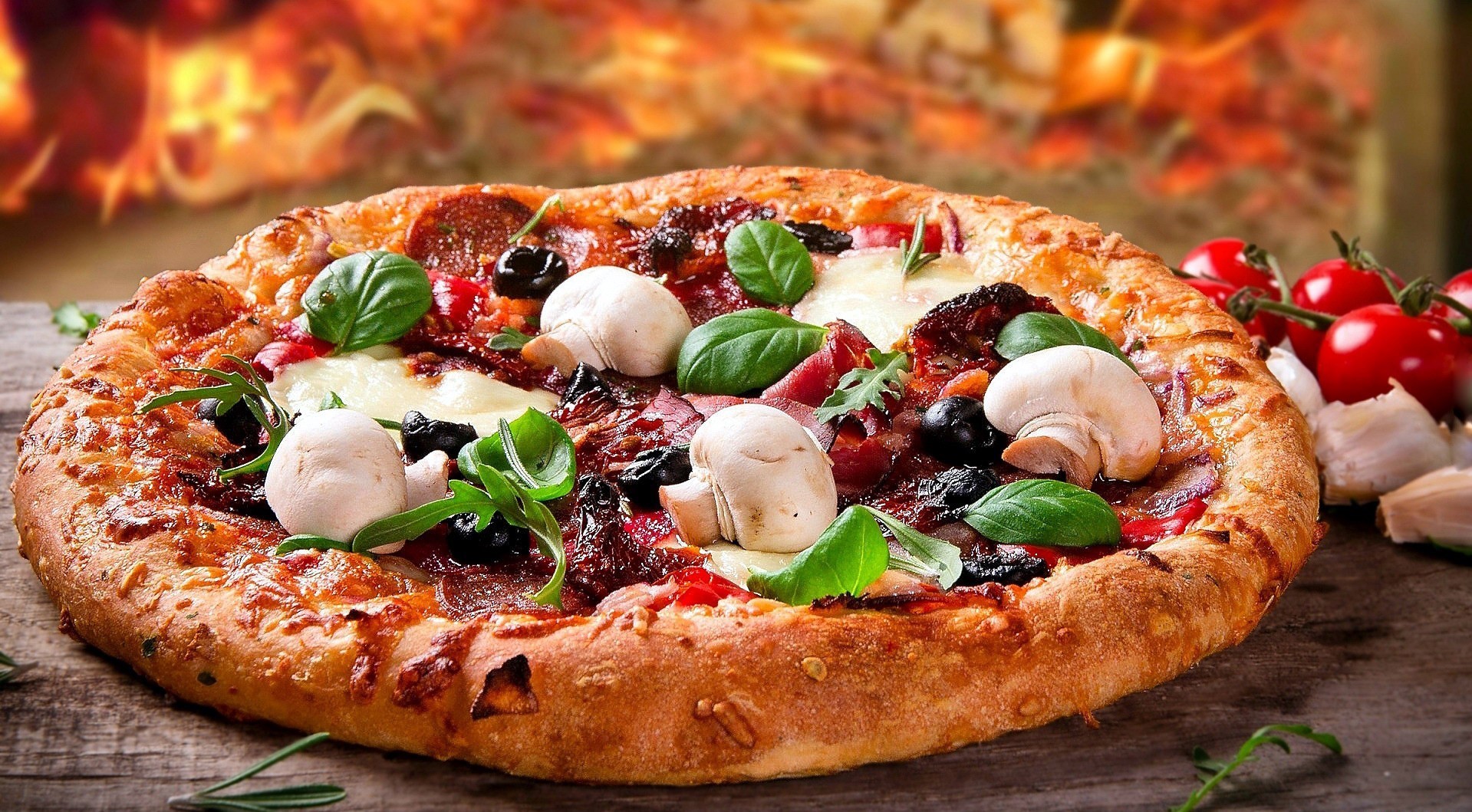 pizza, food, mushroom, tomatoes, basil, Garlic, olives, HD Wallpaper
