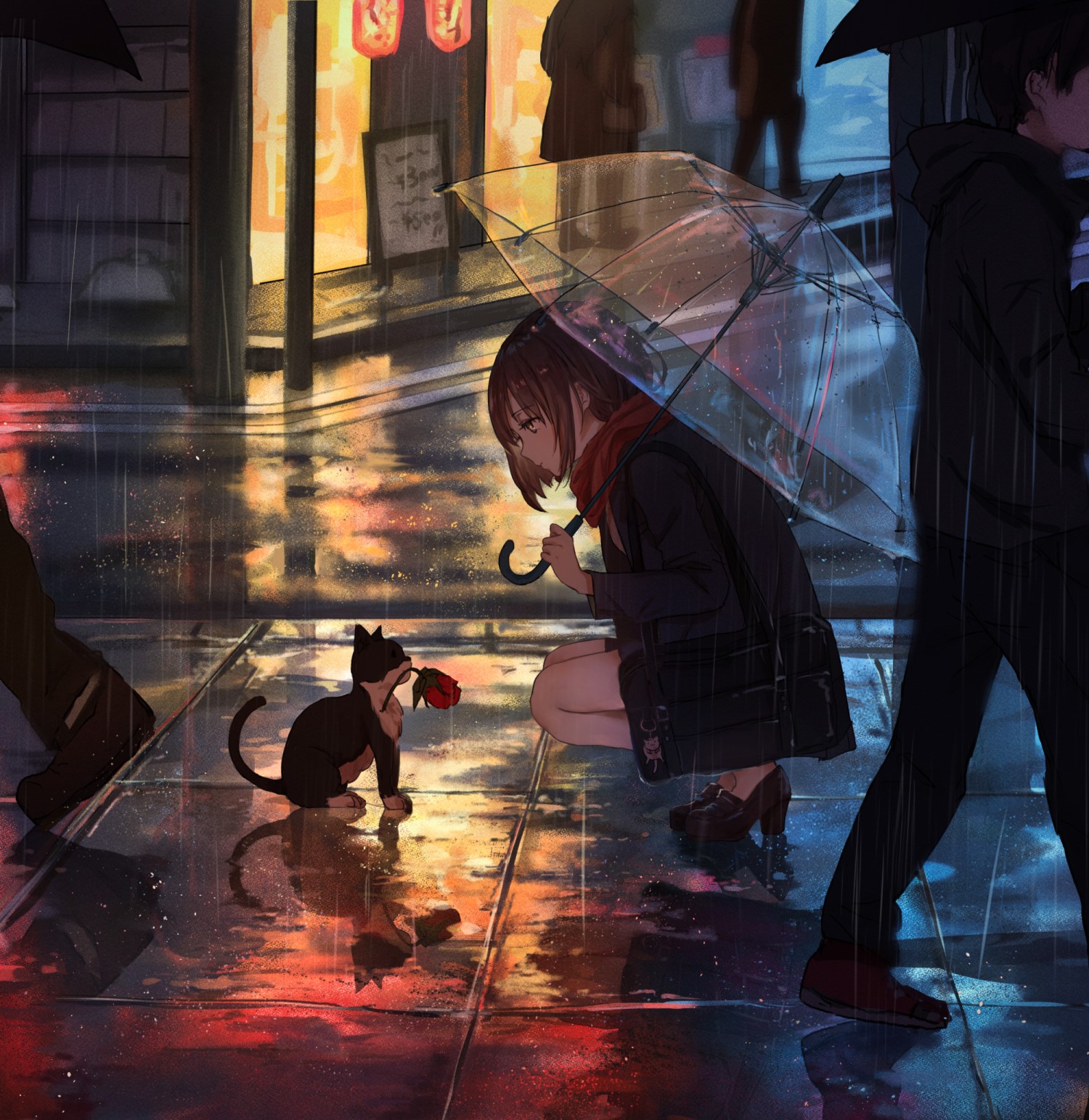 anime girls, cats, anime, umbrella, urban, city, rain, catzz, HD Wallpaper