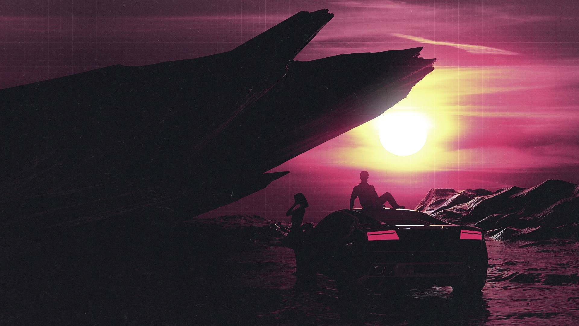 dark, Sun, digital art, car, vehicle, grid, HD Wallpaper