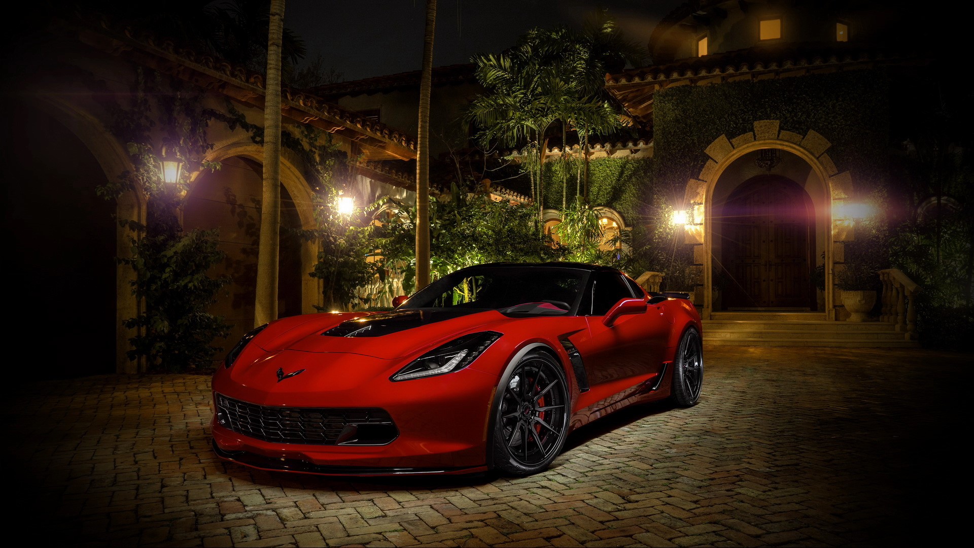Corvette, night, palm trees, bricks, HD Wallpaper