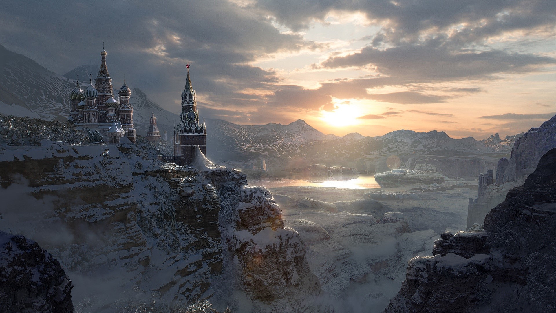 winter, Russia, fantasy art, snow, mountains, sky, digital art, HD Wallpaper