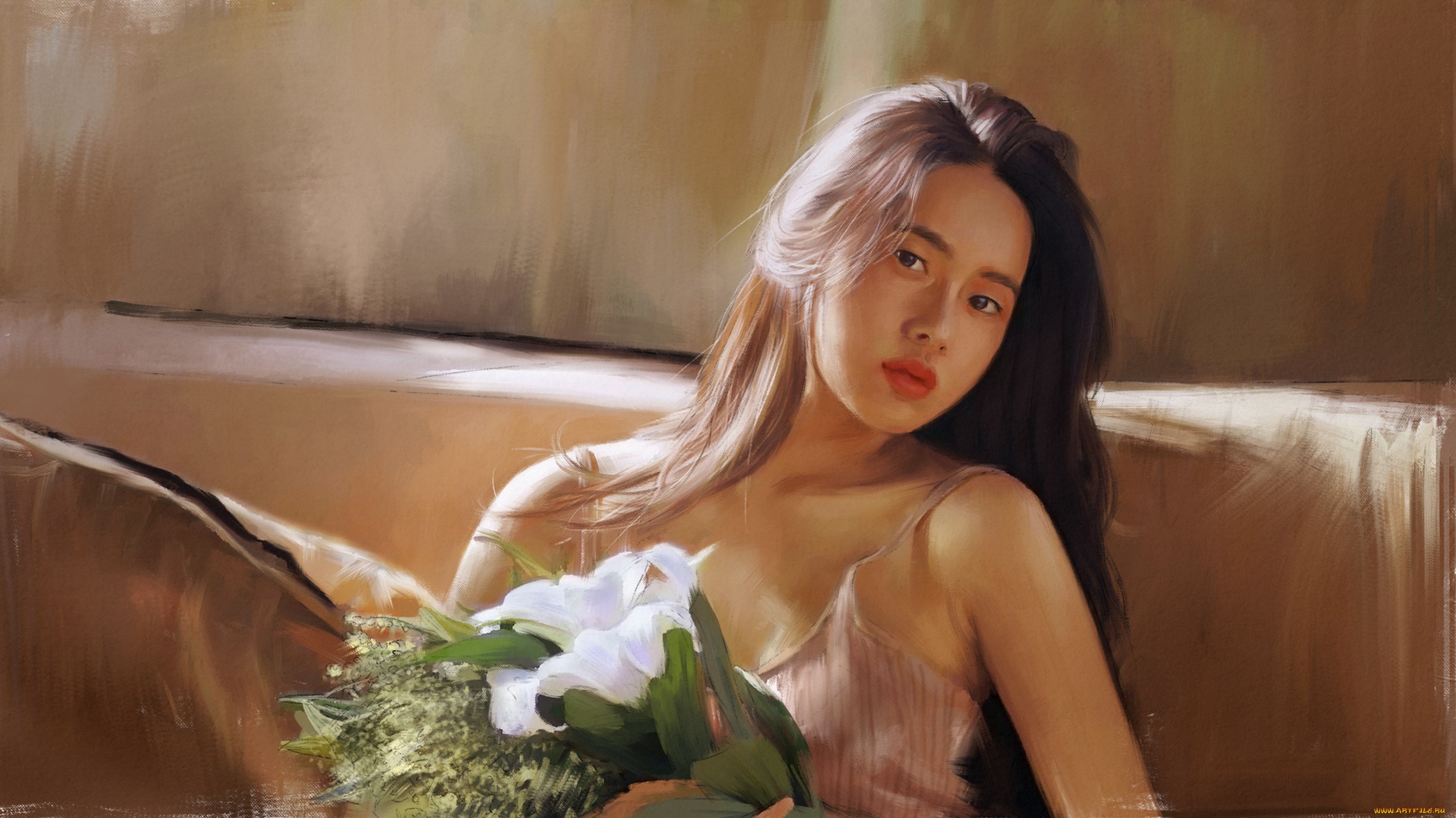 women, Asian, flowers, artwork, people, HD Wallpaper
