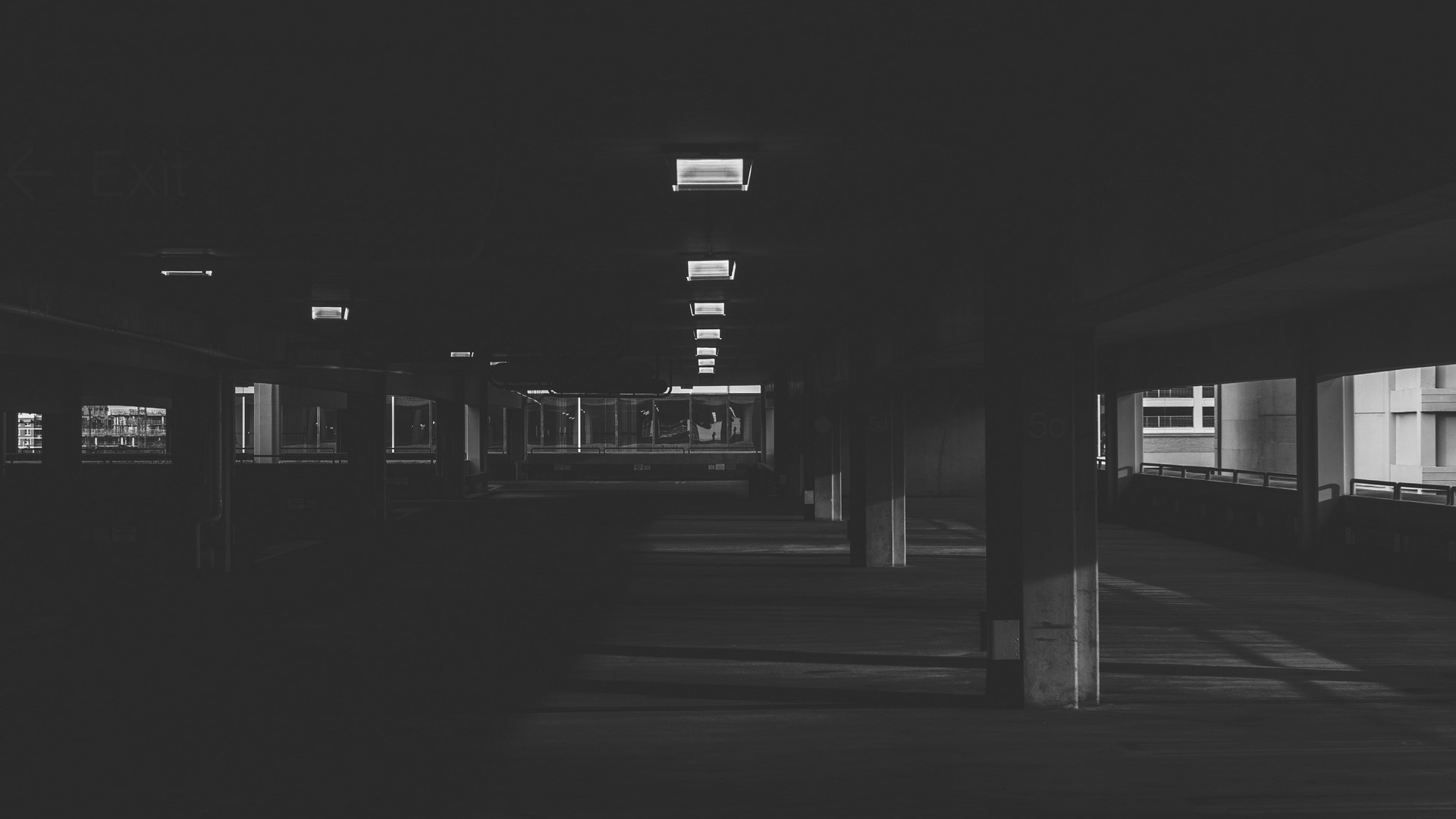 photography, dark, monochrome, underground, gray, parking, parking lot, urban, building, HD Wallpaper