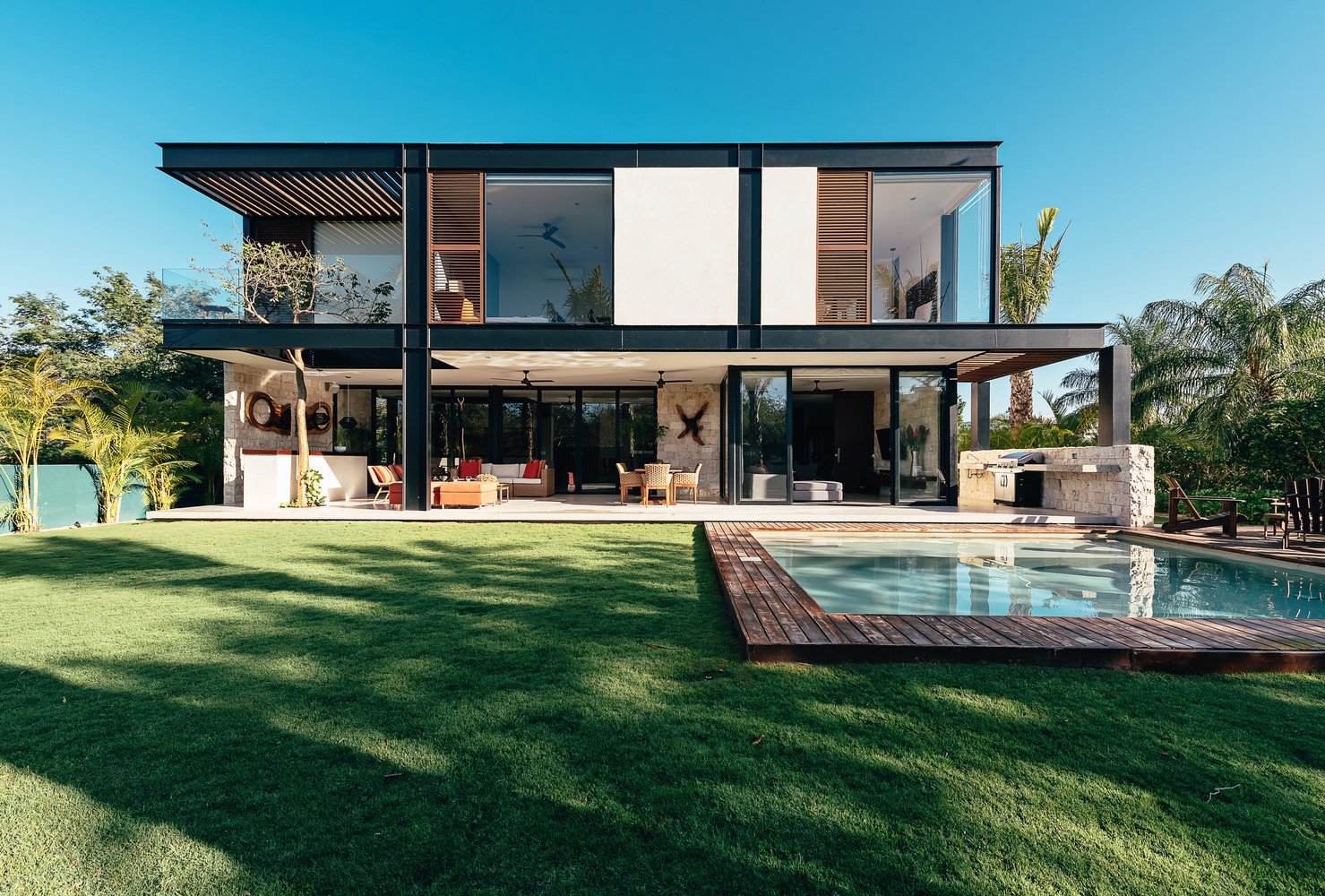 house, modern, swimming pool, playground, HD Wallpaper