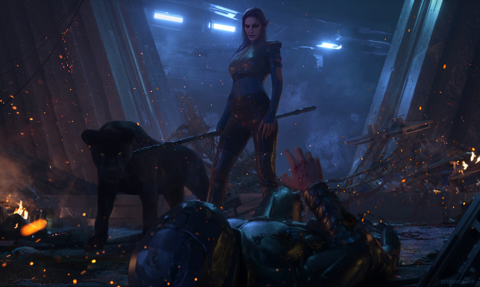 panthers, women, digital, blood, Shuo Shi, HD Wallpaper