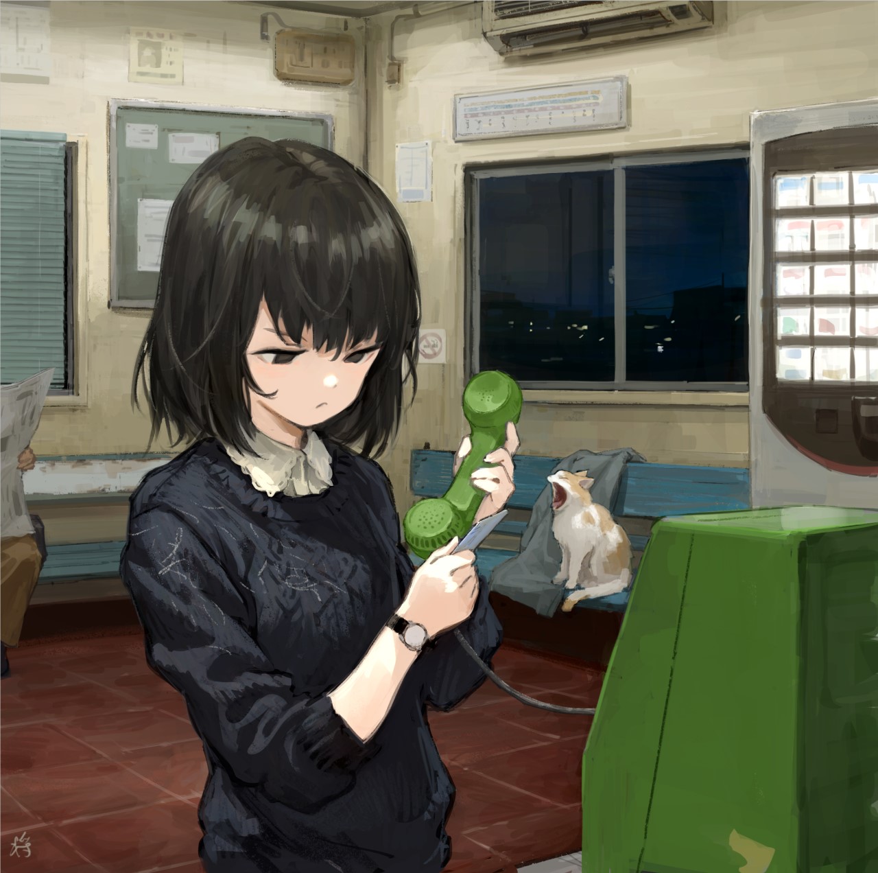anime, anime girls, dark hair, cats, original characters, HD Wallpaper