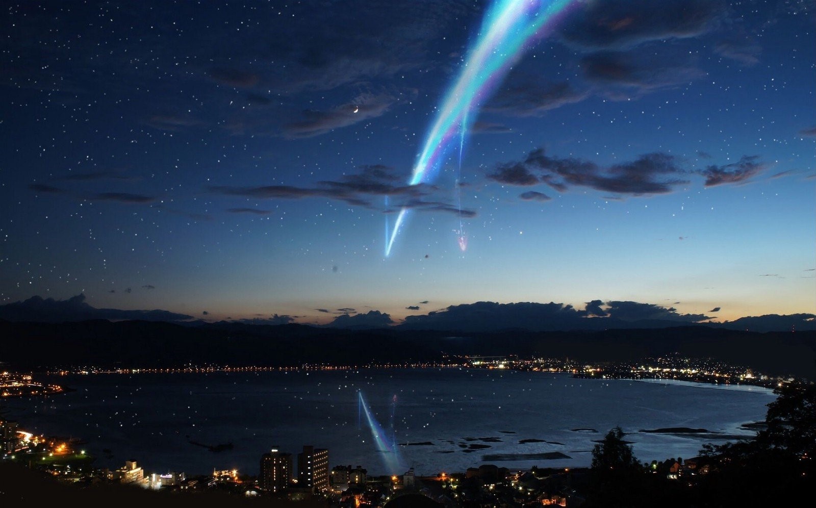 city, night, stars, sky, lake, lights, Kimi no Na Wa, Your Name, HD Wallpaper
