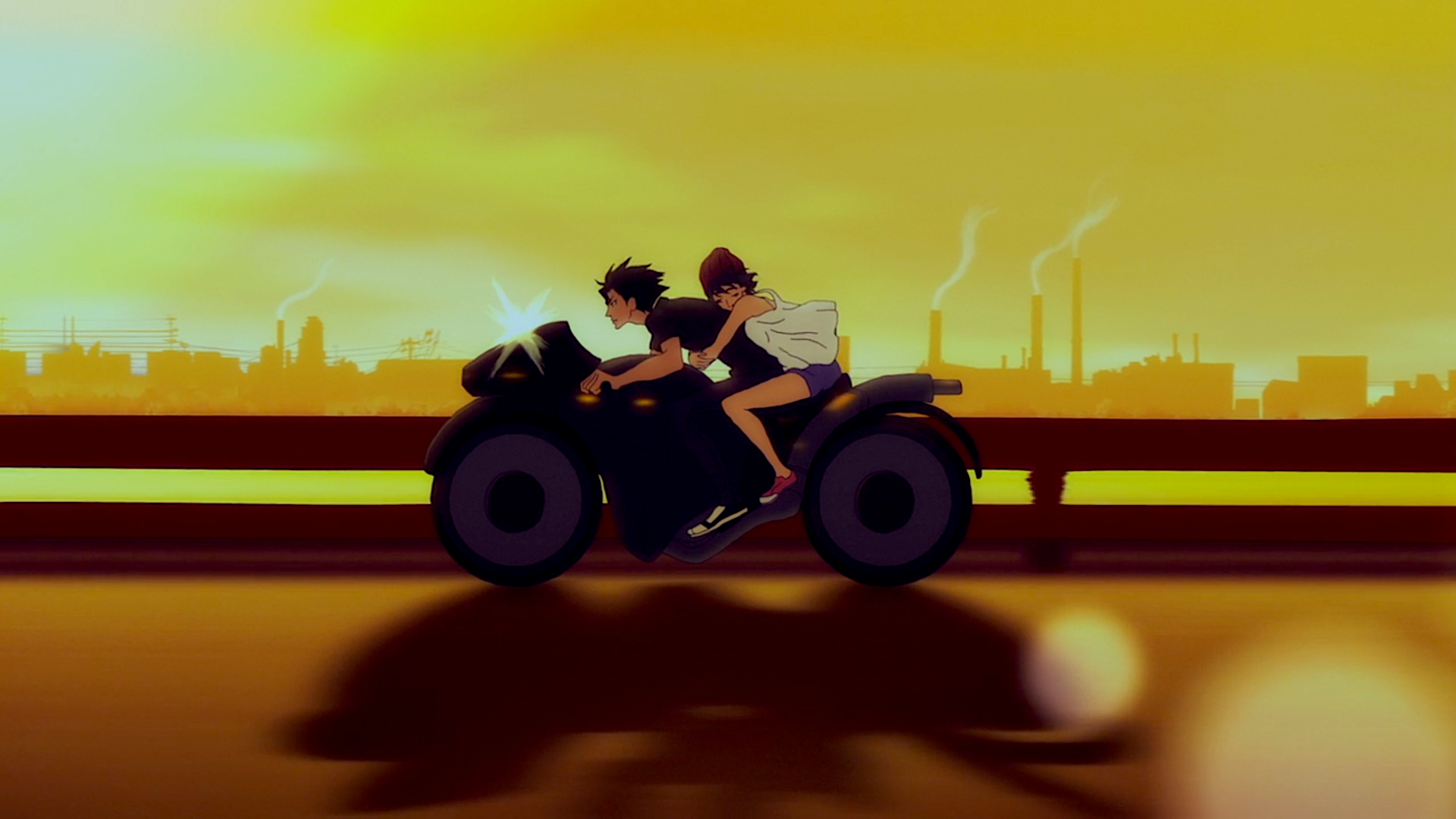 Akira Fudo, Miki Makimura, devilman crybaby, bikes, sunset, city, road, HD Wallpaper
