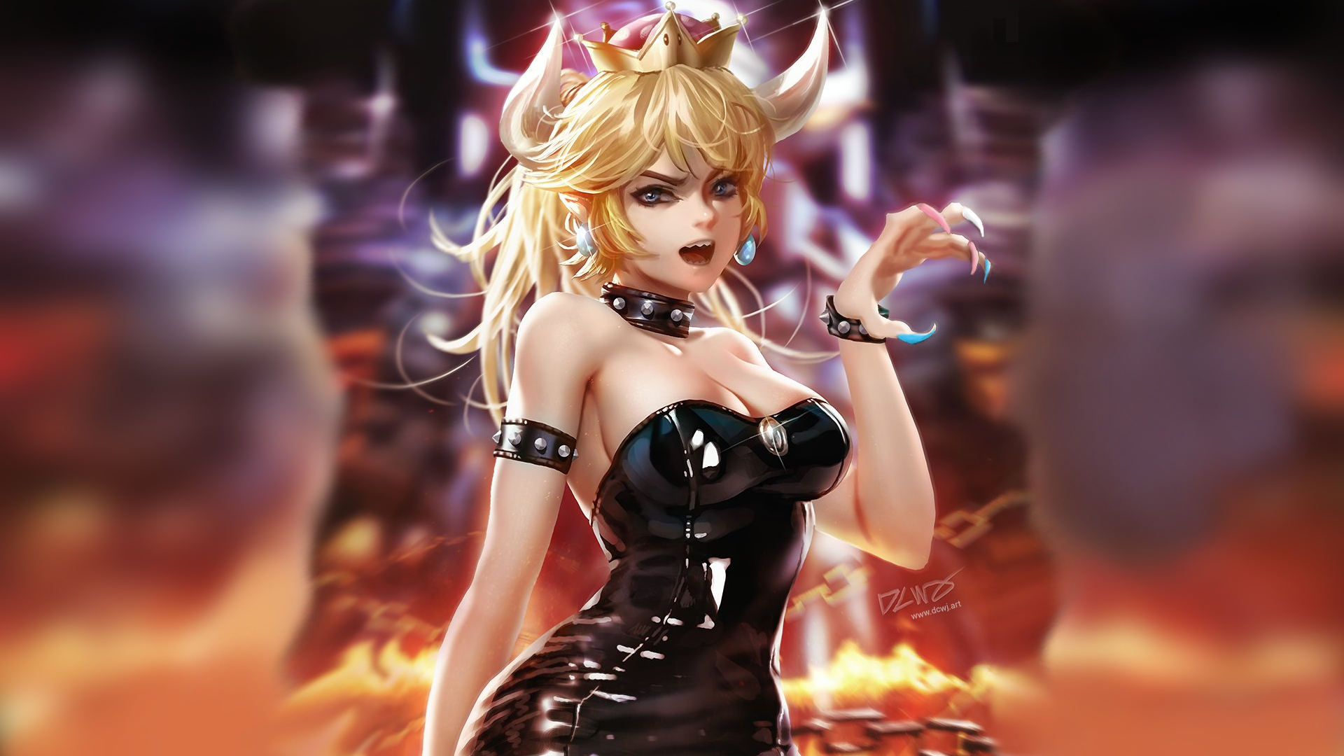 Bowsette, anime, picture-in-picture, blonde, cleavage, leather clothing, HD Wallpaper