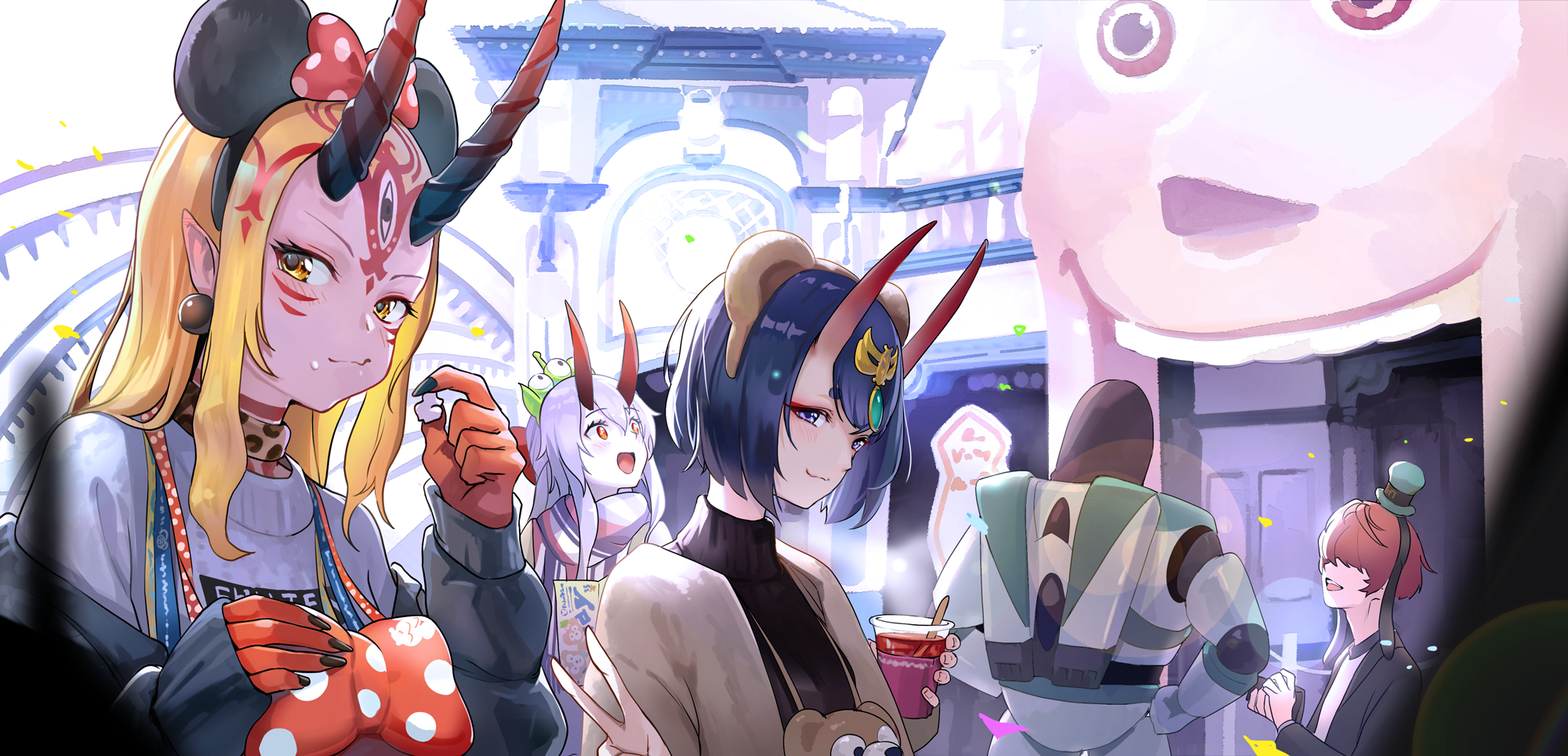 anime girls, anime, Fate/Grand Order, Ibaraki Douji, horns, anime girls eating, blue hair, Shuten Douji (Fate/Grand Order), HD Wallpaper
