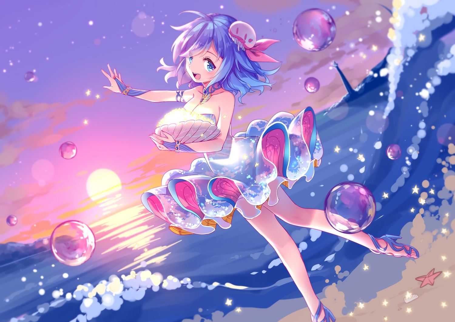 anime, anime girls, blue hair, blue eyes, water, HD Wallpaper